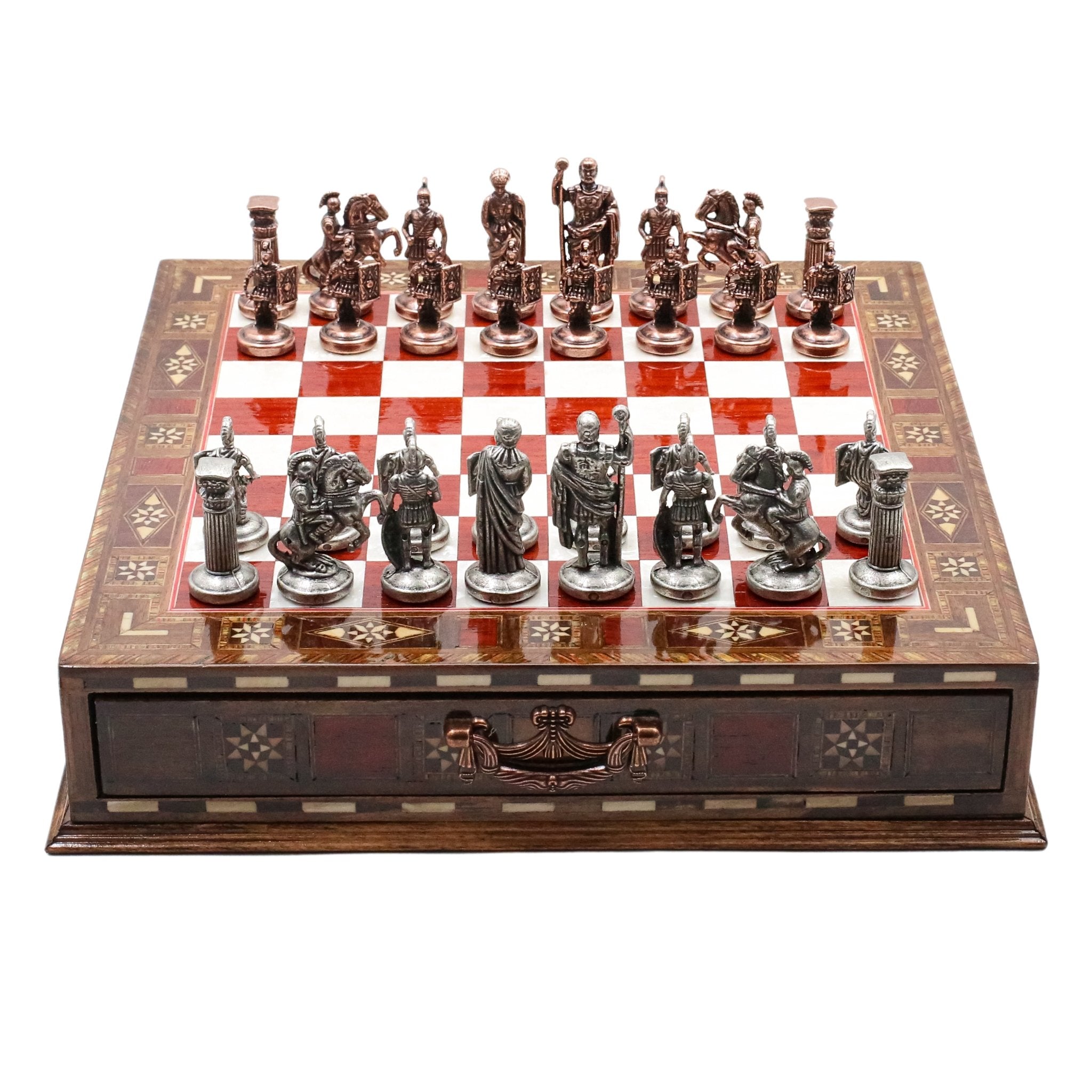Handmade Inlay Chess Set with Drawer Storage 30 CM (12") - Die Cast Metal Pieces | Vintage Roman Empire - Cooper Chess