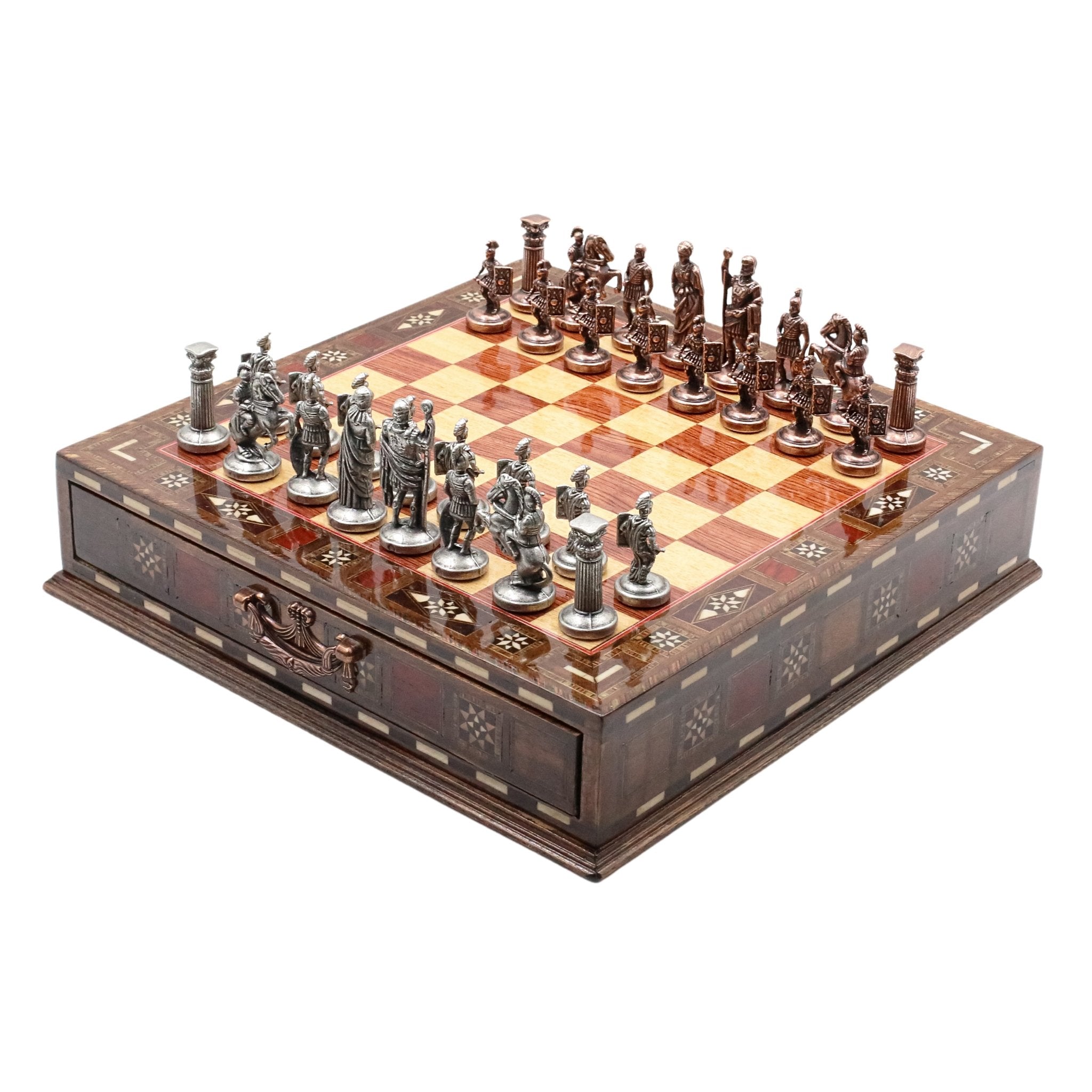 Handmade Inlay Chess Set with Drawer Storage 30 CM (12") - Die Cast Metal Pieces | Vintage Roman Empire - Cooper Chess