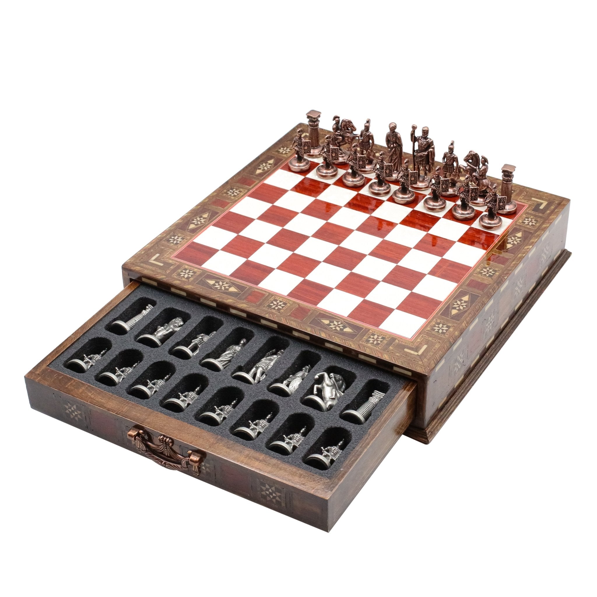 Handmade Inlay Chess Set with Drawer Storage 30 CM (12") - Die Cast Metal Pieces | Vintage Roman Empire - Cooper Chess