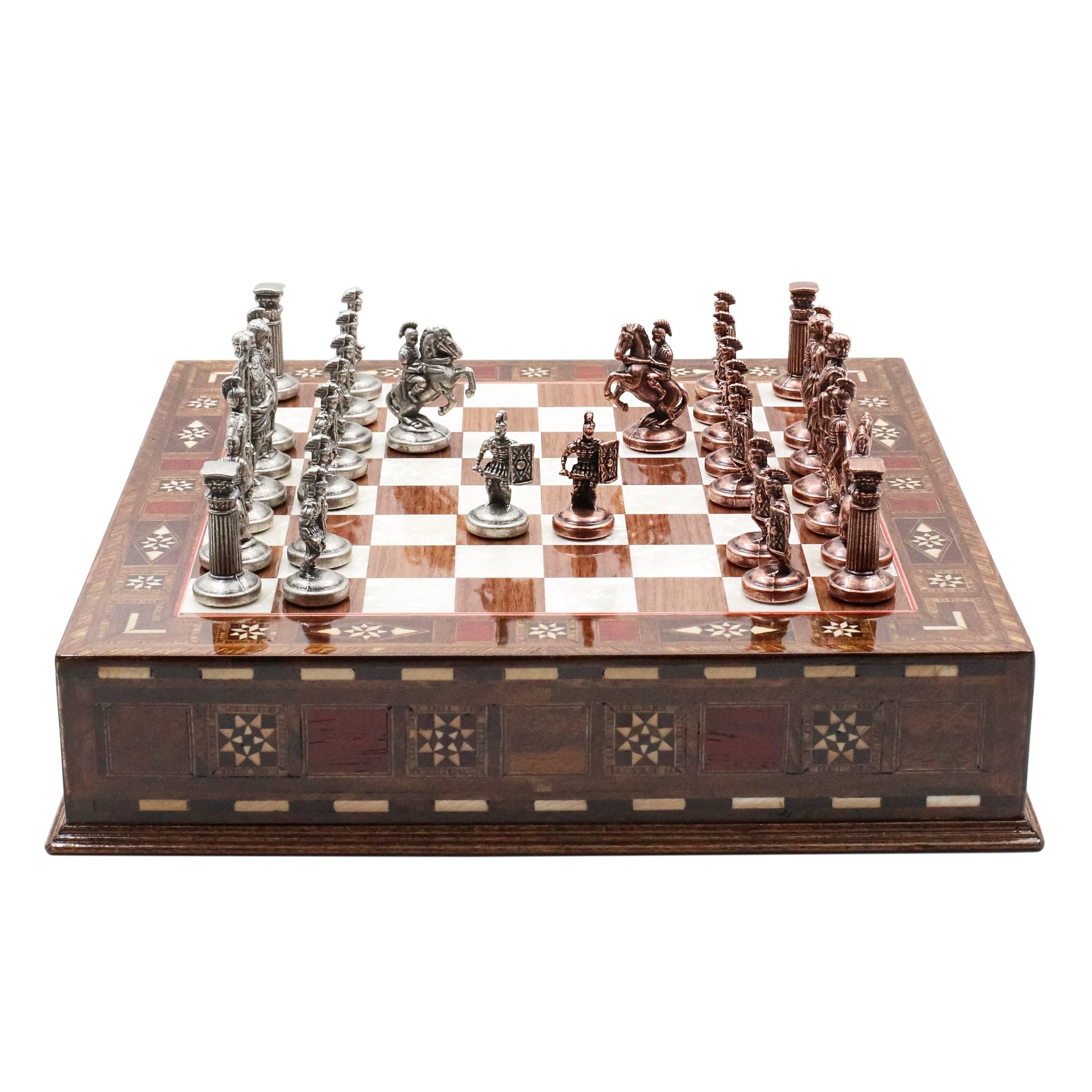 Handmade Inlay Chess Set with Drawer Storage 30 CM (12") - Die Cast Metal Pieces | Vintage Roman Empire - Cooper Chess