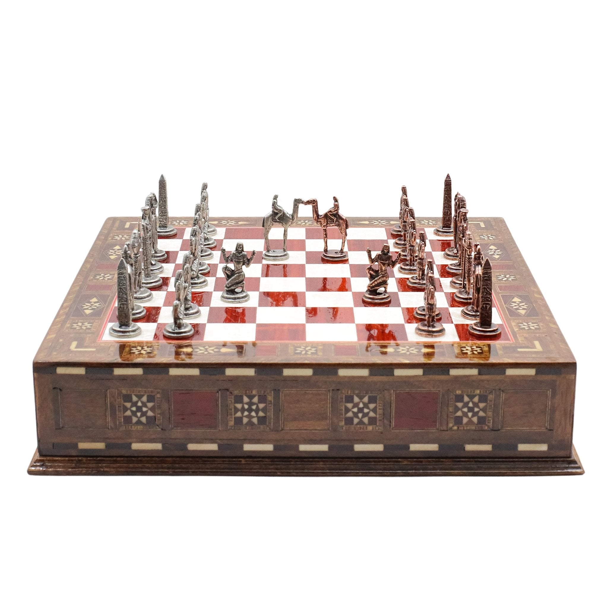 Handmade Inlay Chess Set with Drawer Storage 30 CM (12") - Die Cast Metal Pieces | Vintage Egyptian Cleopatra - Cooper Chess