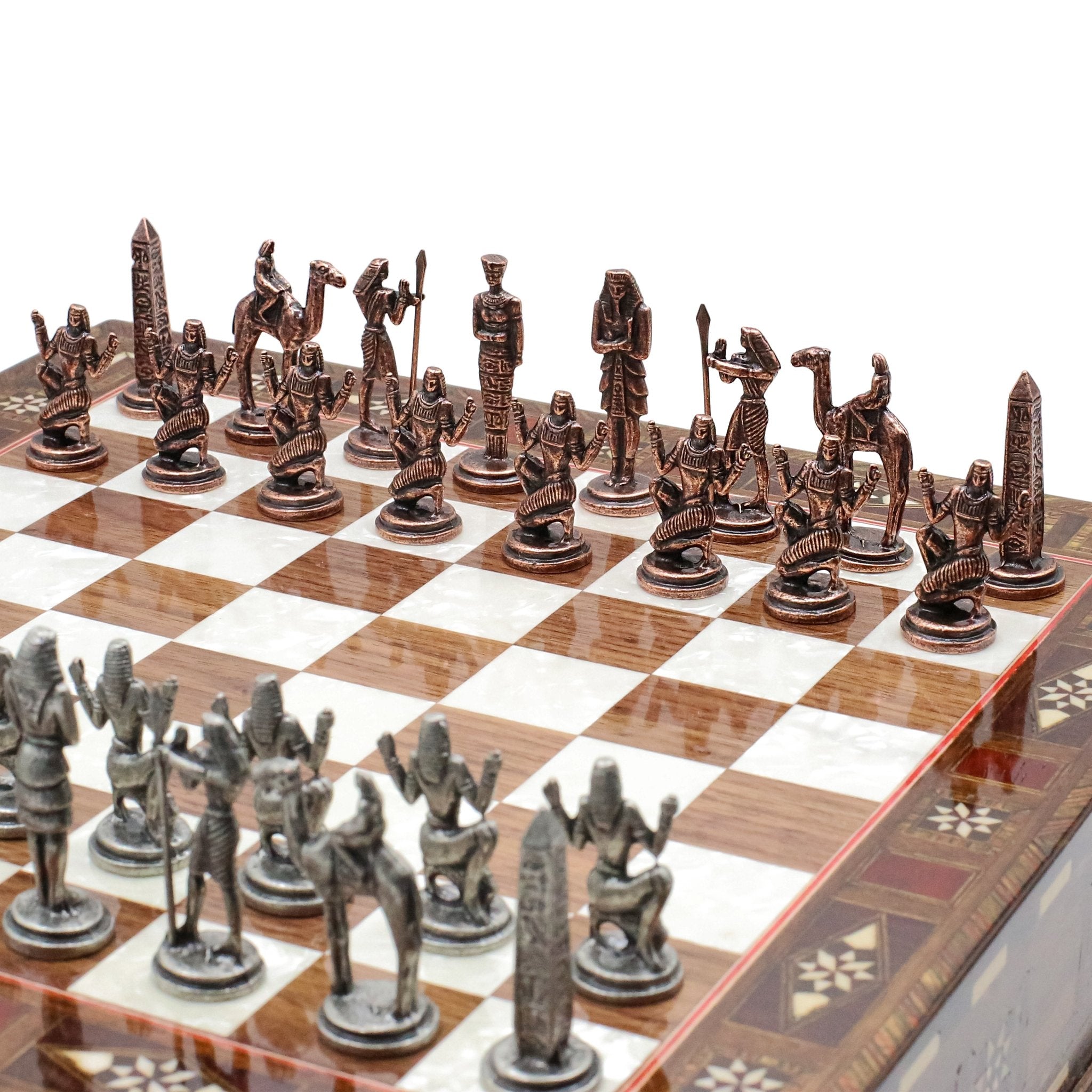 Handmade Inlay Chess Set with Drawer Storage 30 CM (12") - Die Cast Metal Pieces | Vintage Egyptian Cleopatra - Cooper Chess