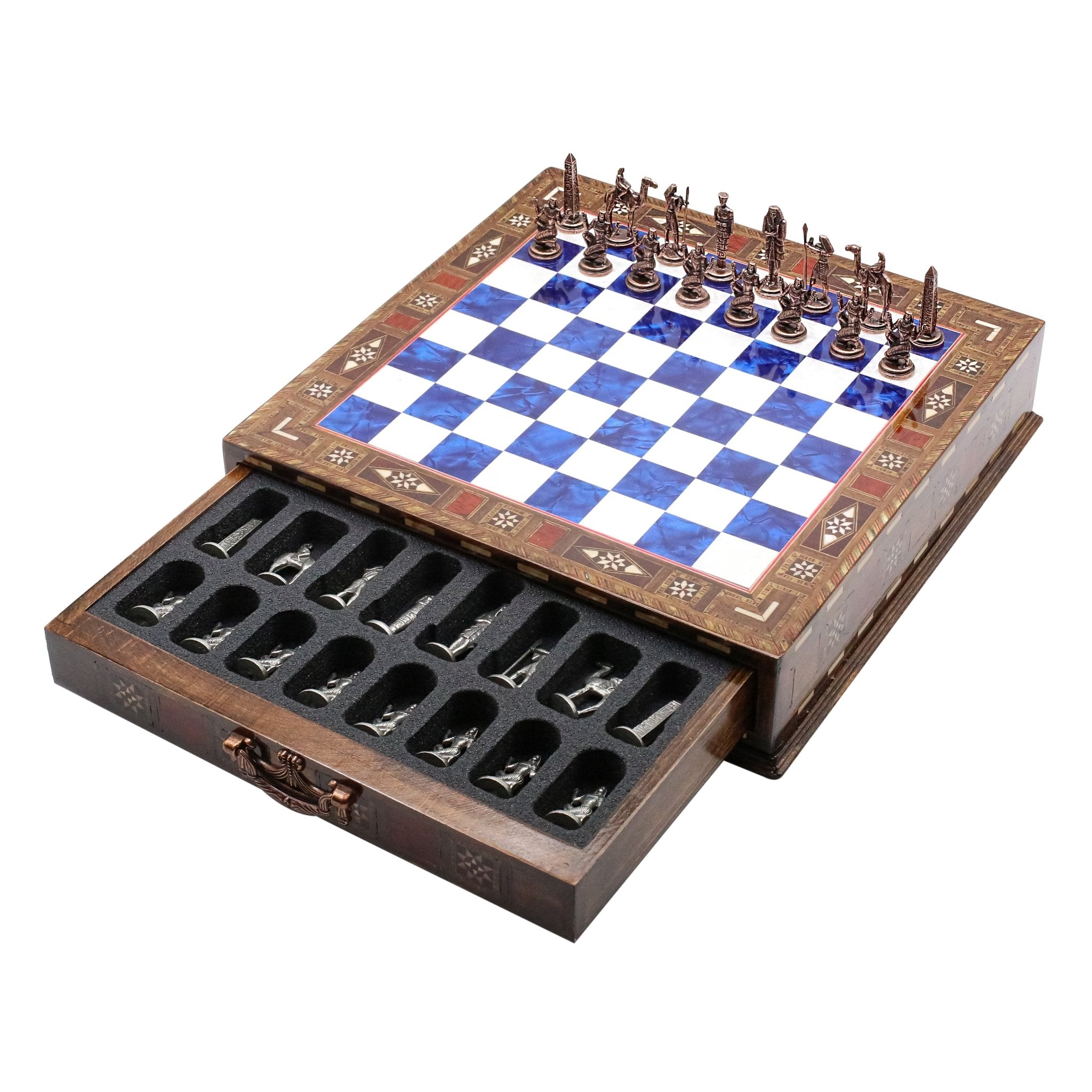 Handmade Inlay Chess Set with Drawer Storage 30 CM (12") - Die Cast Metal Pieces | Vintage Egyptian Cleopatra - Cooper Chess