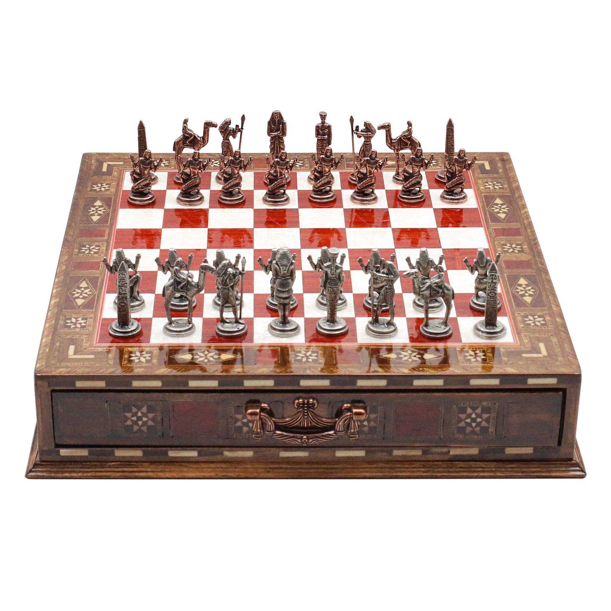 Handmade Inlay Chess Set with Drawer Storage 30 CM (12") - Die Cast Metal Pieces | Vintage Egyptian Cleopatra - Cooper Chess