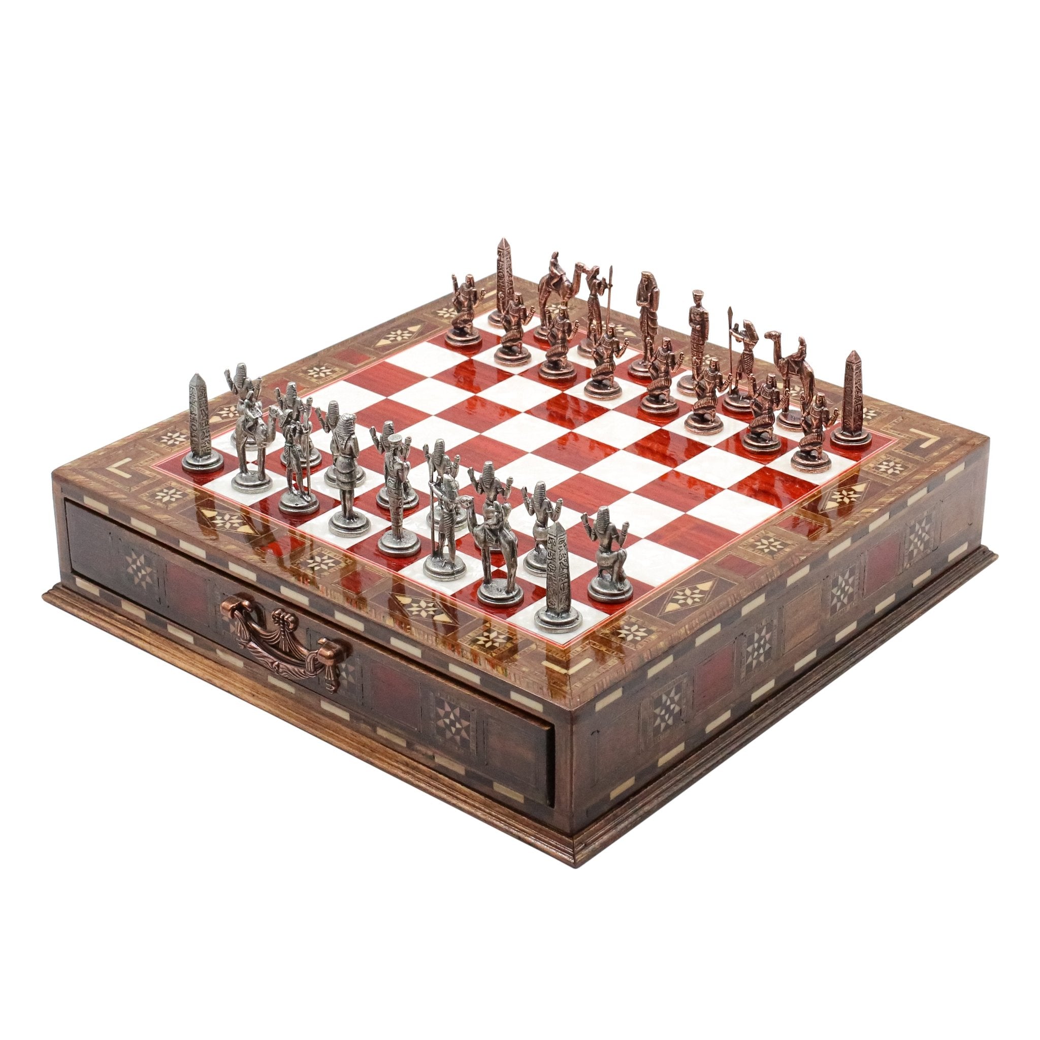 Handmade Inlay Chess Set with Drawer Storage 30 CM (12") - Die Cast Metal Pieces | Vintage Egyptian Cleopatra - Cooper Chess
