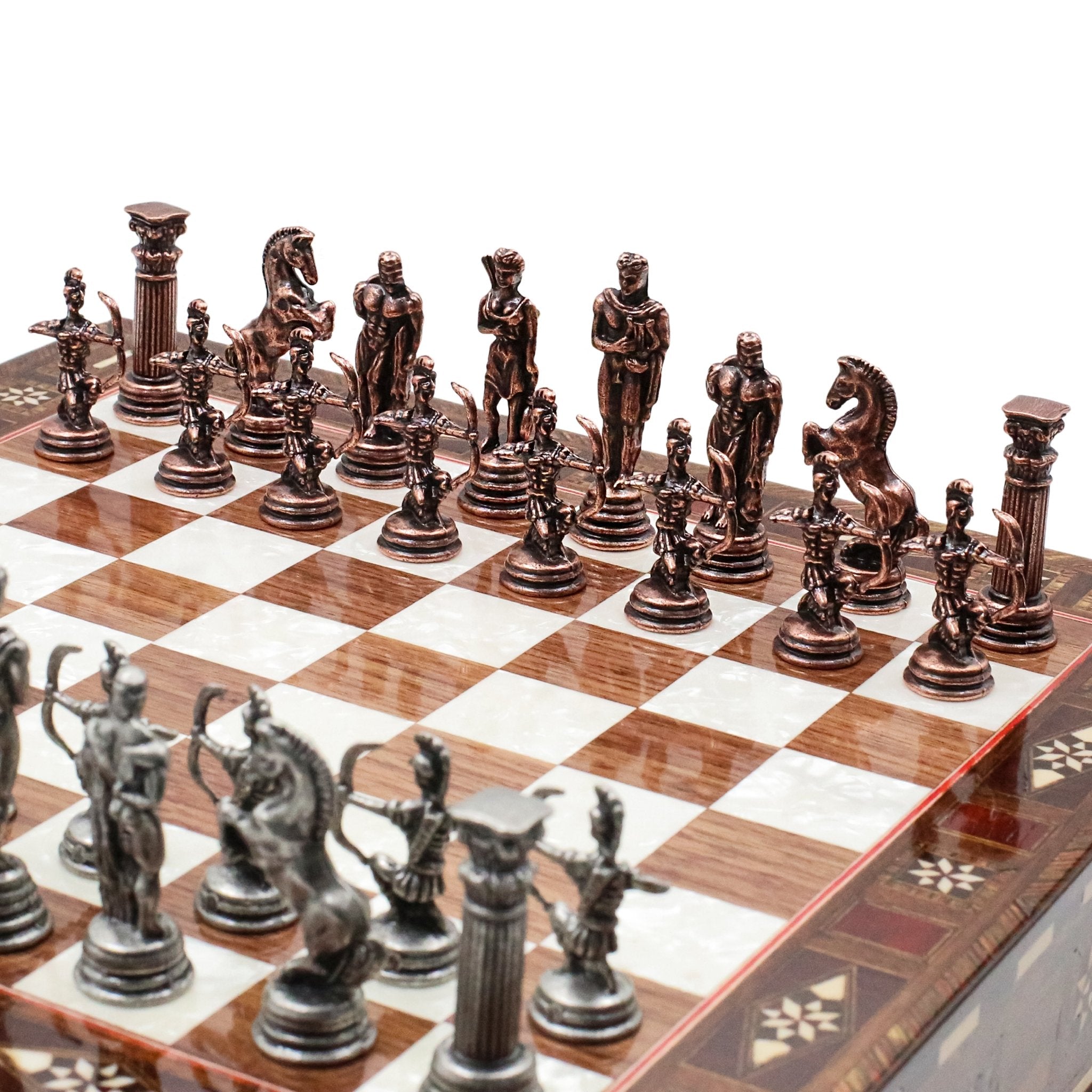 Handmade Inlay Chess Set with Drawer Storage 30 CM (12") - Die Cast Metal Pieces | Vintage Mythology Archer - Cooper Chess