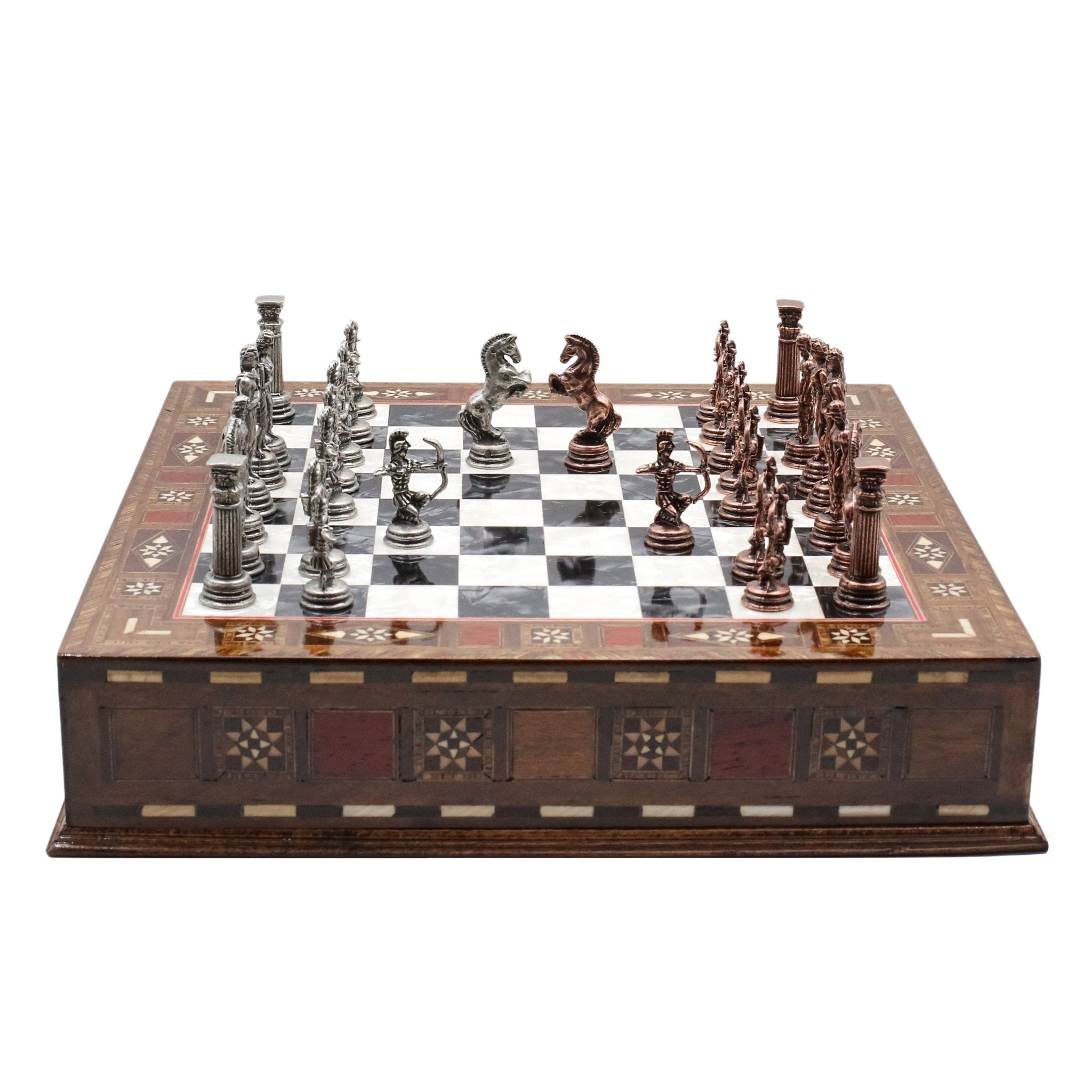 Handmade Inlay Chess Set with Drawer Storage 30 CM (12") - Die Cast Metal Pieces | Vintage Mythology Archer - Cooper Chess