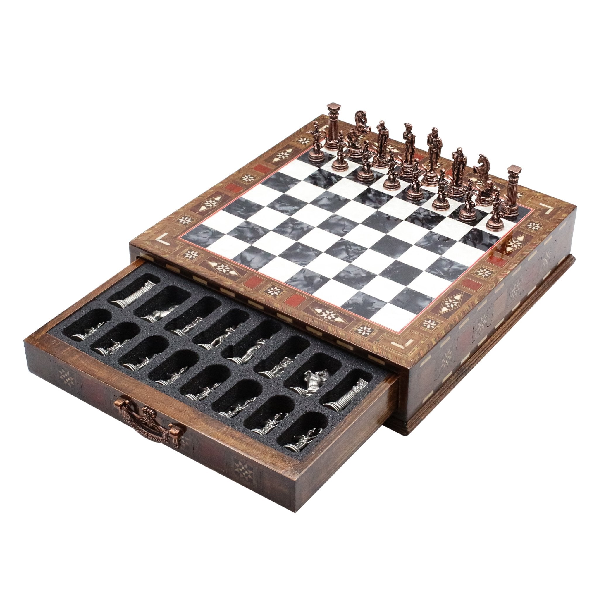 Handmade Inlay Chess Set with Drawer Storage 30 CM (12") - Die Cast Metal Pieces | Vintage Mythology Archer - Cooper Chess