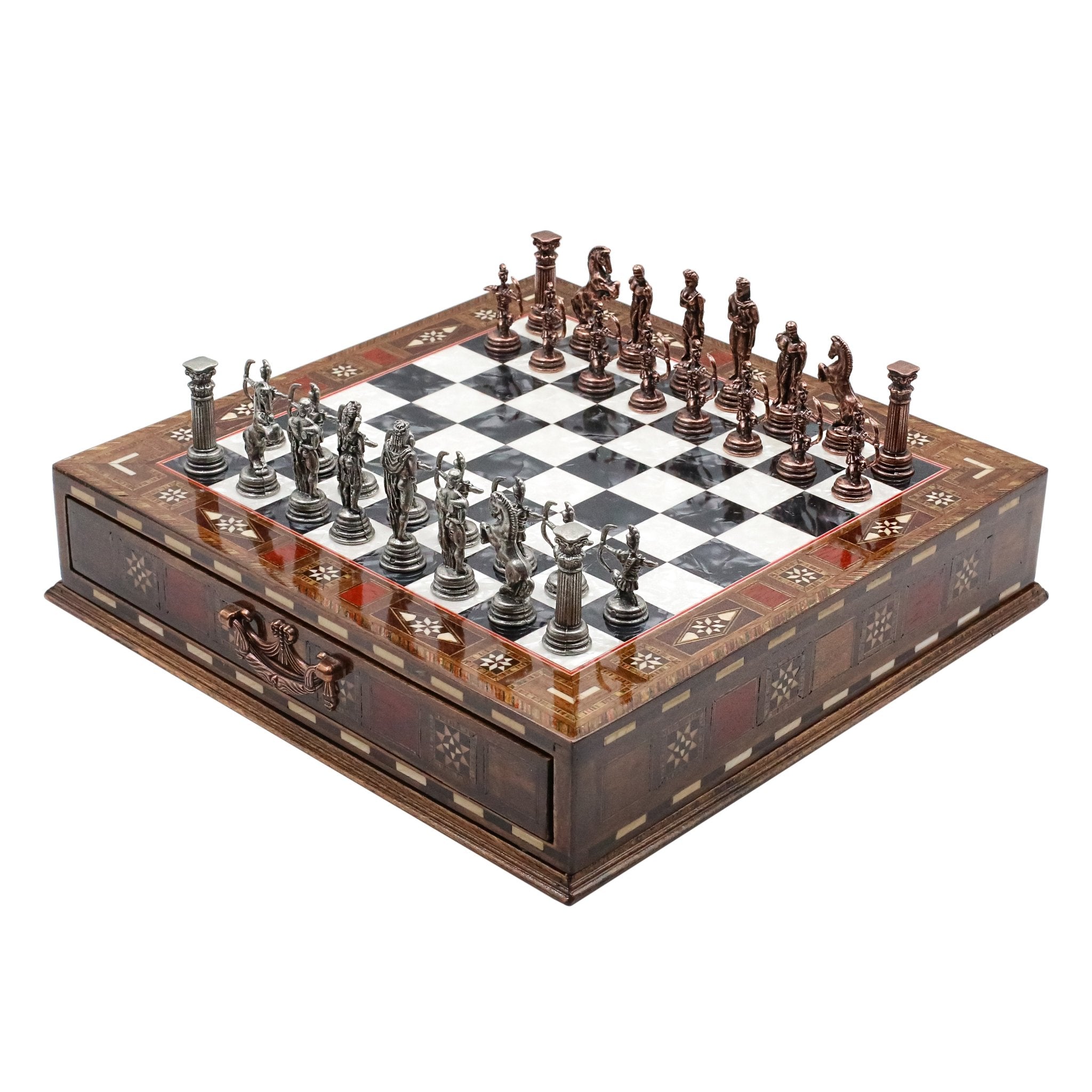 Handmade Inlay Chess Set with Drawer Storage 30 CM (12") - Die Cast Metal Pieces | Vintage Mythology Archer - Cooper Chess