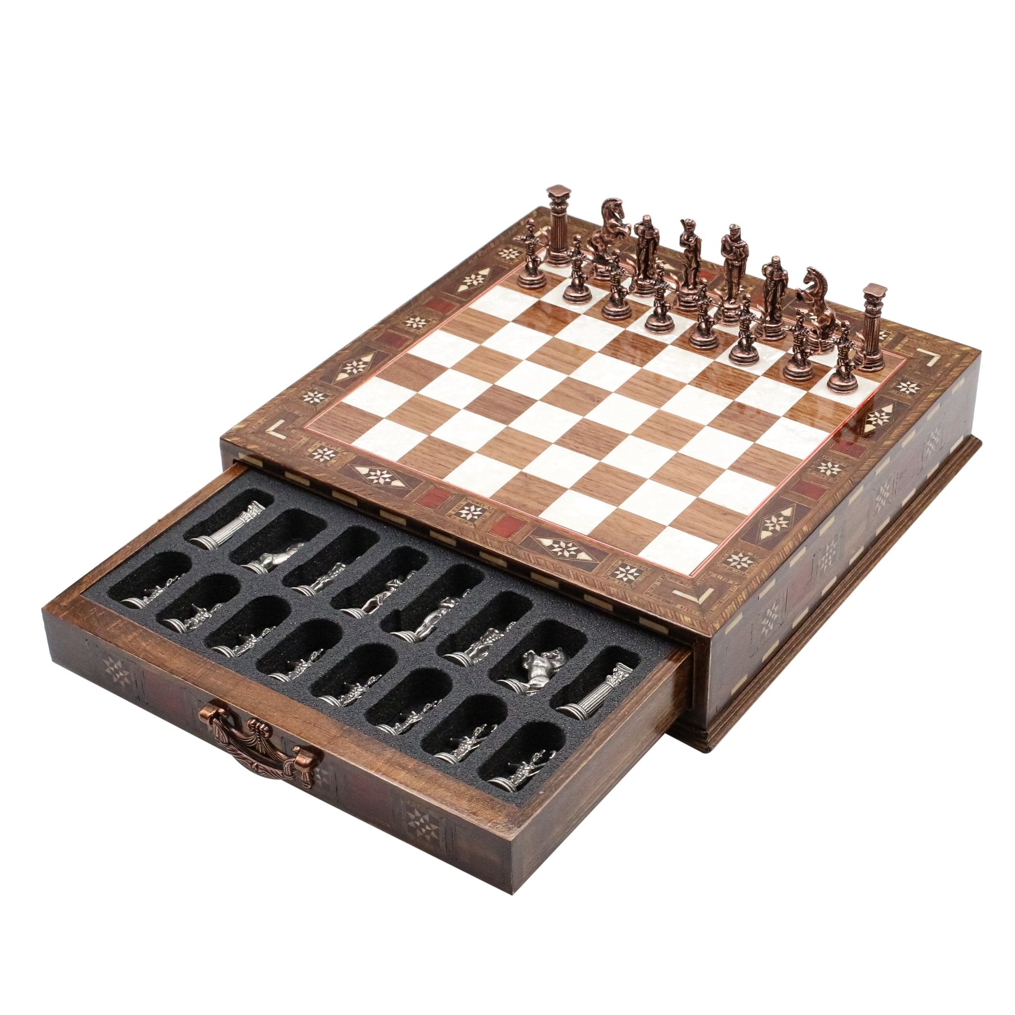 Handmade Inlay Chess Set with Drawer Storage 30 CM (12") - Die Cast Metal Pieces | Vintage Mythology Archer - Cooper Chess