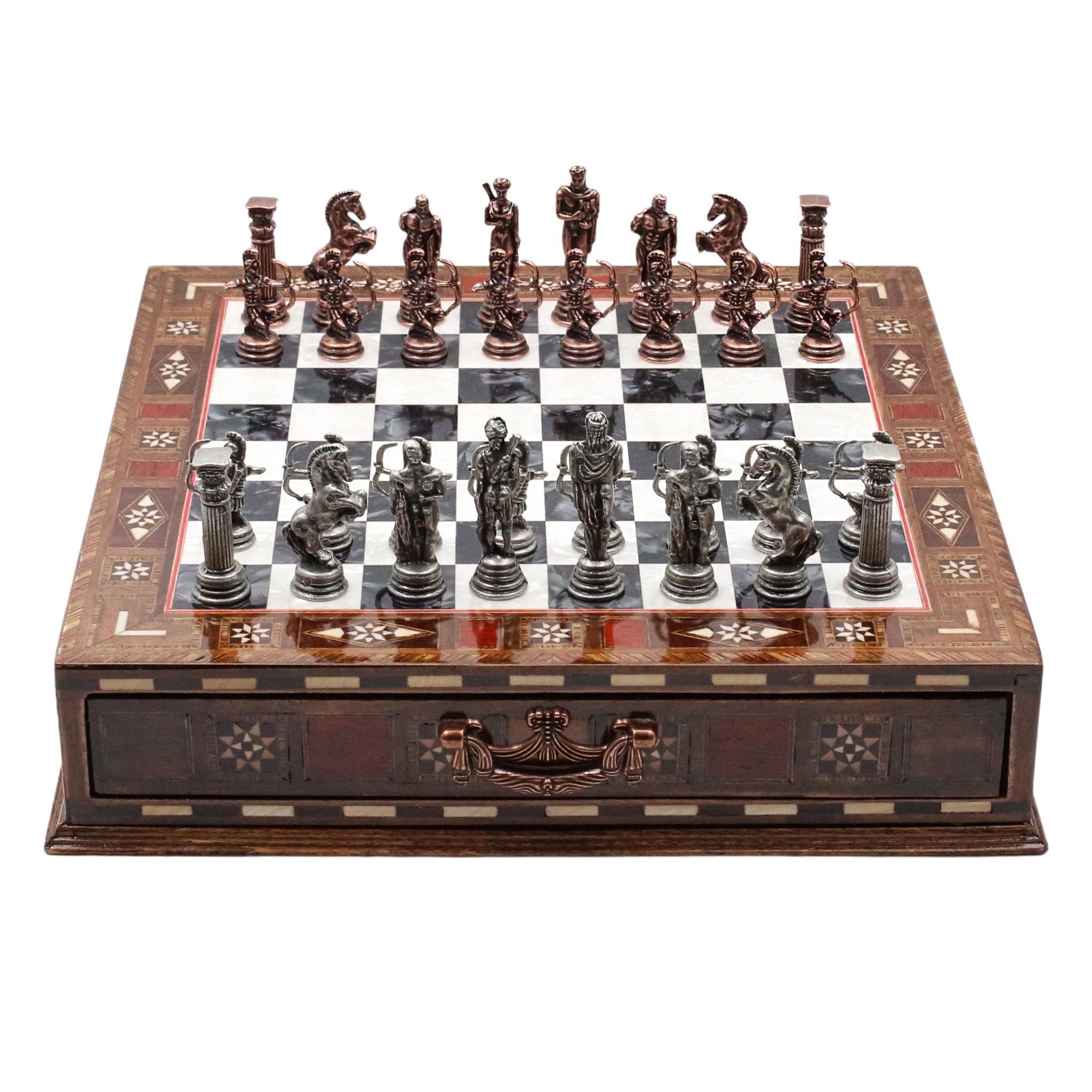 Handmade Inlay Chess Set with Drawer Storage 30 CM (12") - Die Cast Metal Pieces | Vintage Mythology Archer - Cooper Chess