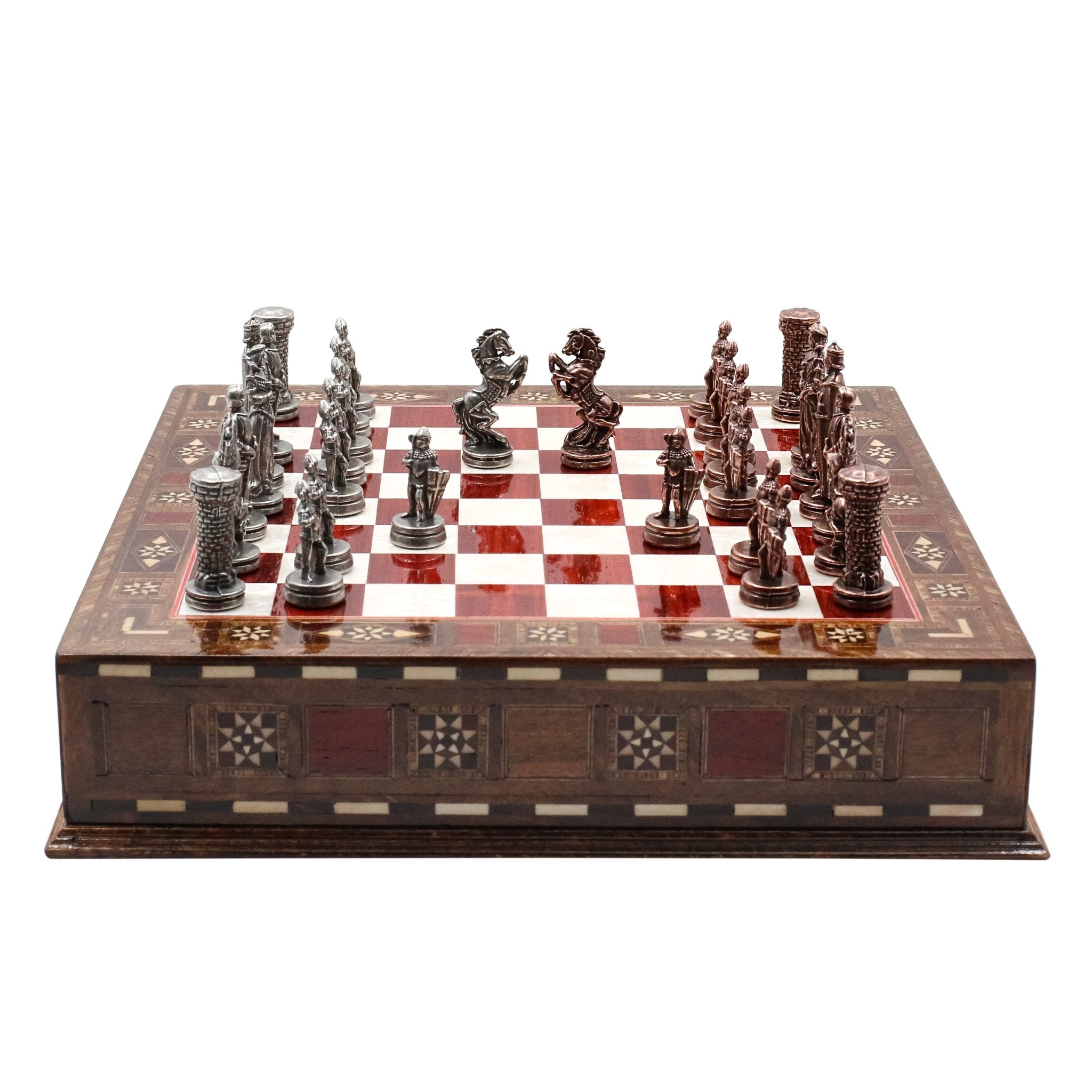 Handmade Inlay Chess Set with Drawer Storage 30 CM (12") - Die Cast Metal Pieces | Vintage Medieval British Army - Cooper Chess