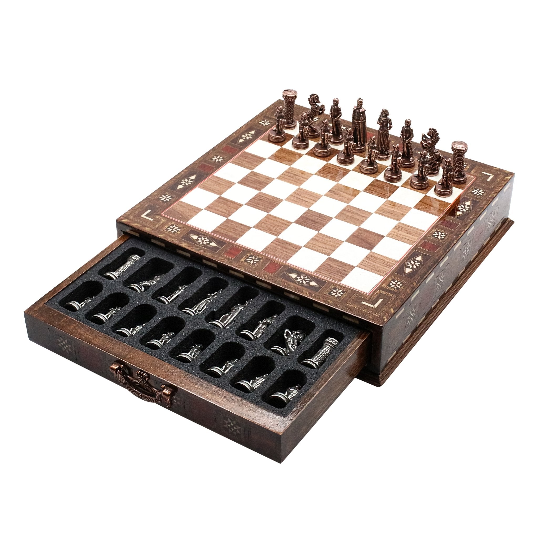 Handmade Inlay Chess Set with Drawer Storage 30 CM (12") - Die Cast Metal Pieces | Vintage Medieval British Army - Cooper Chess