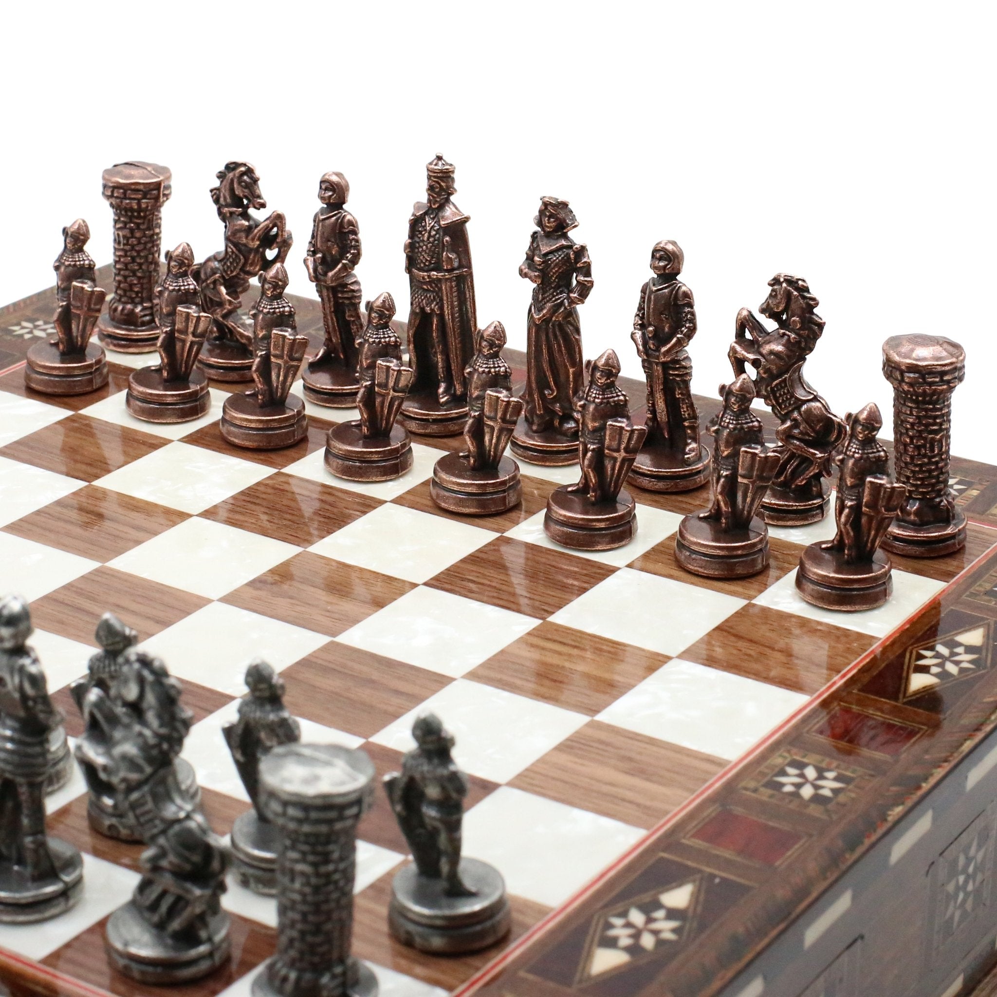Handmade Inlay Chess Set with Drawer Storage 30 CM (12") - Die Cast Metal Pieces | Vintage Medieval British Army - Cooper Chess