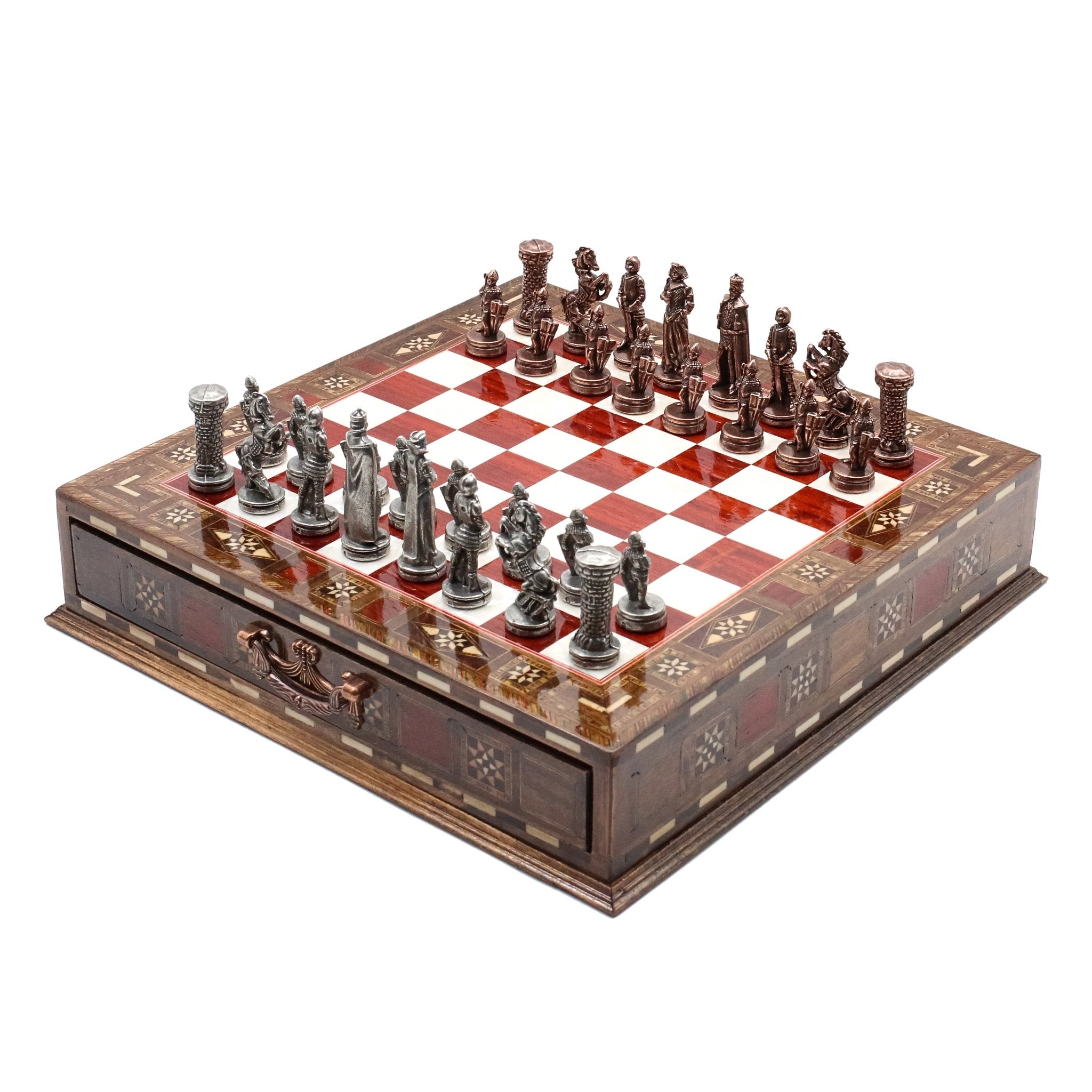 Handmade Inlay Chess Set with Drawer Storage 30 CM (12") - Die Cast Metal Pieces | Vintage Medieval British Army - Cooper Chess