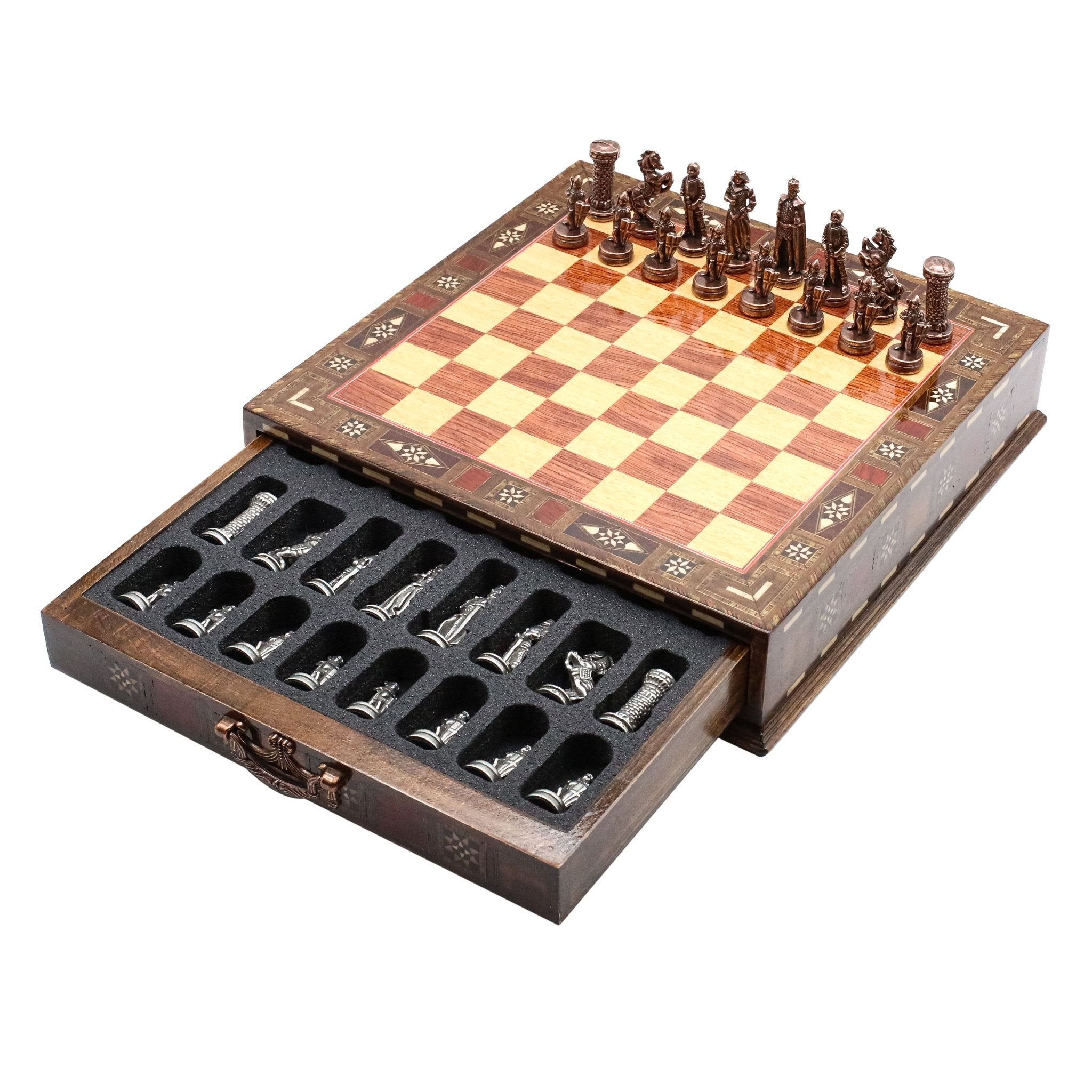 Handmade Inlay Chess Set with Drawer Storage 30 CM (12") - Die Cast Metal Pieces | Vintage Medieval British Army - Cooper Chess
