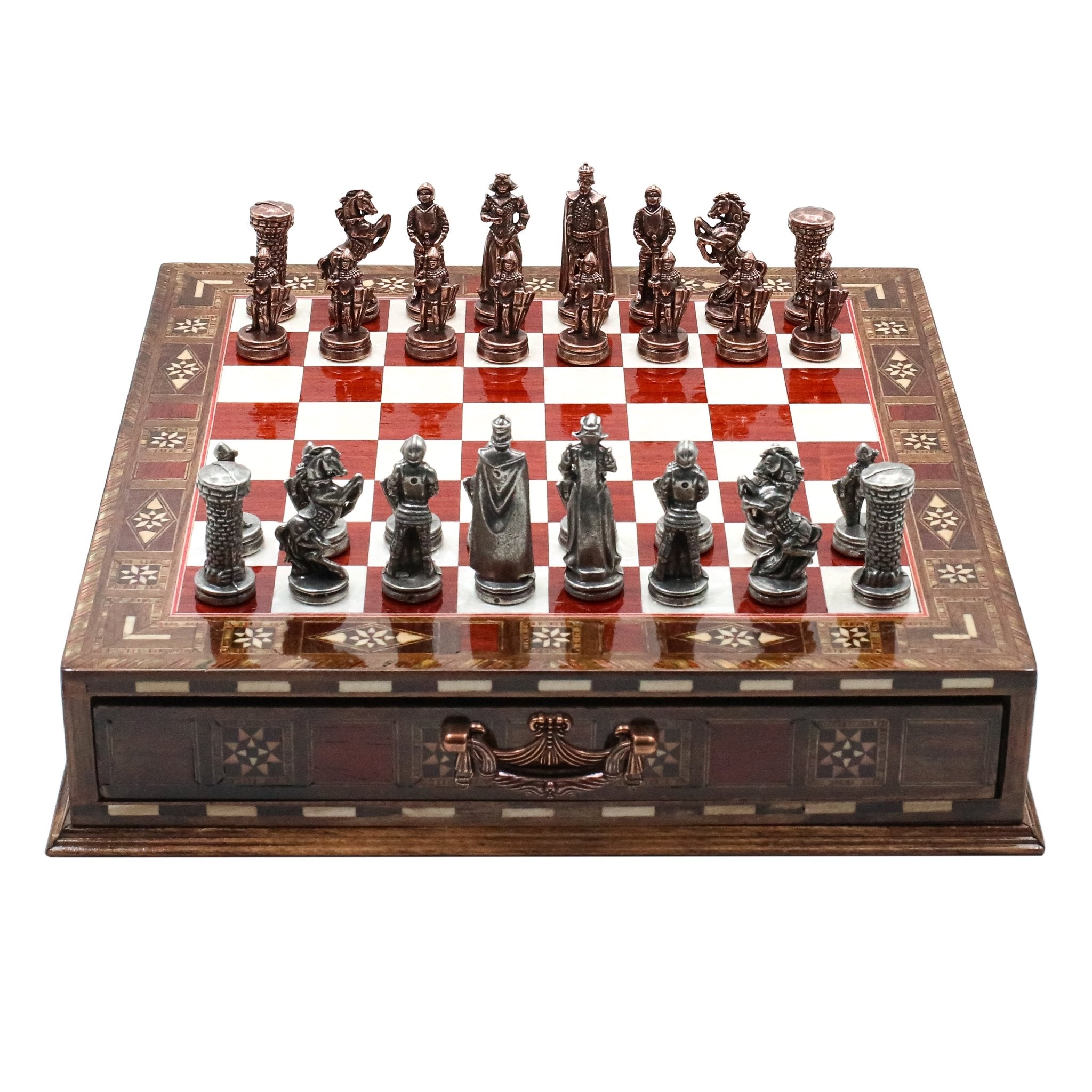 Handmade Inlay Chess Set with Drawer Storage 30 CM (12") - Die Cast Metal Pieces | Vintage Medieval British Army - Cooper Chess