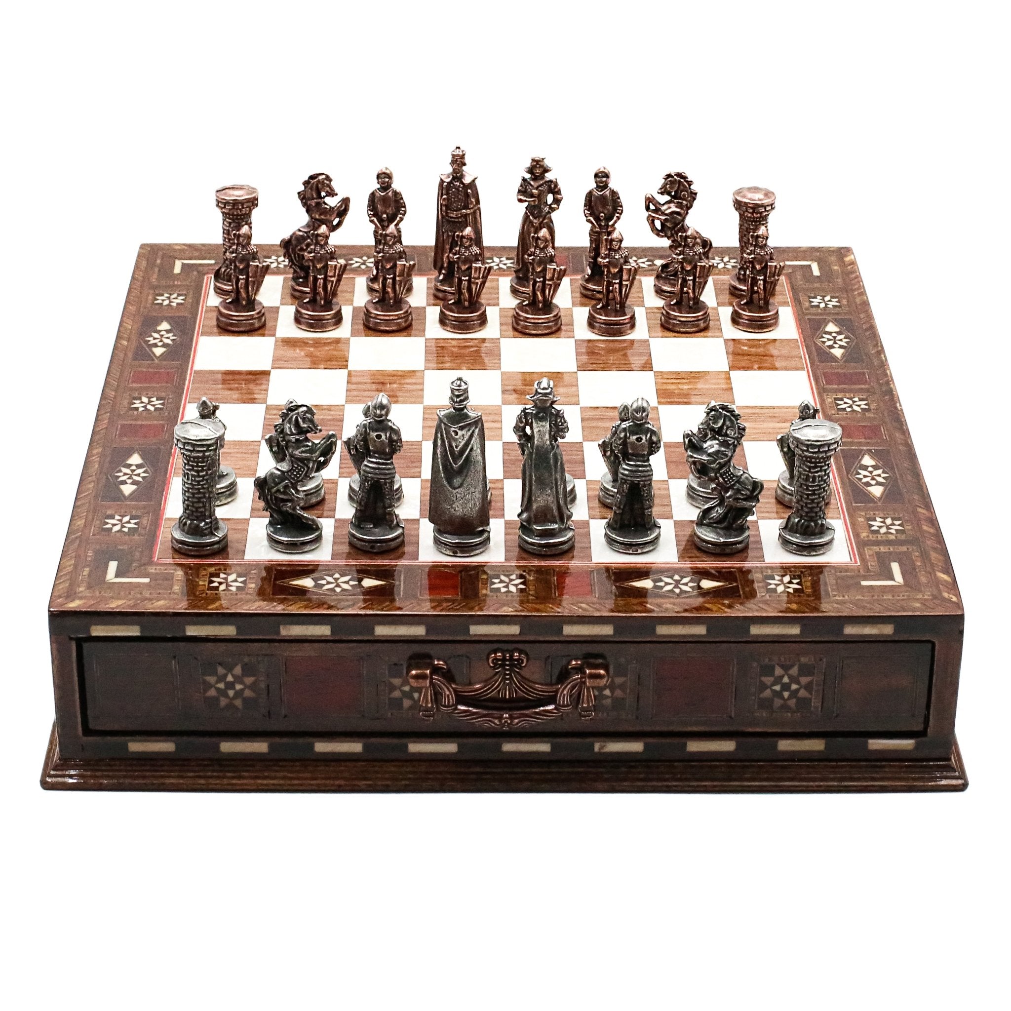 Handmade Inlay Chess Set with Drawer Storage 30 CM (12") - Die Cast Metal Pieces | Vintage Medieval British Army - Cooper Chess