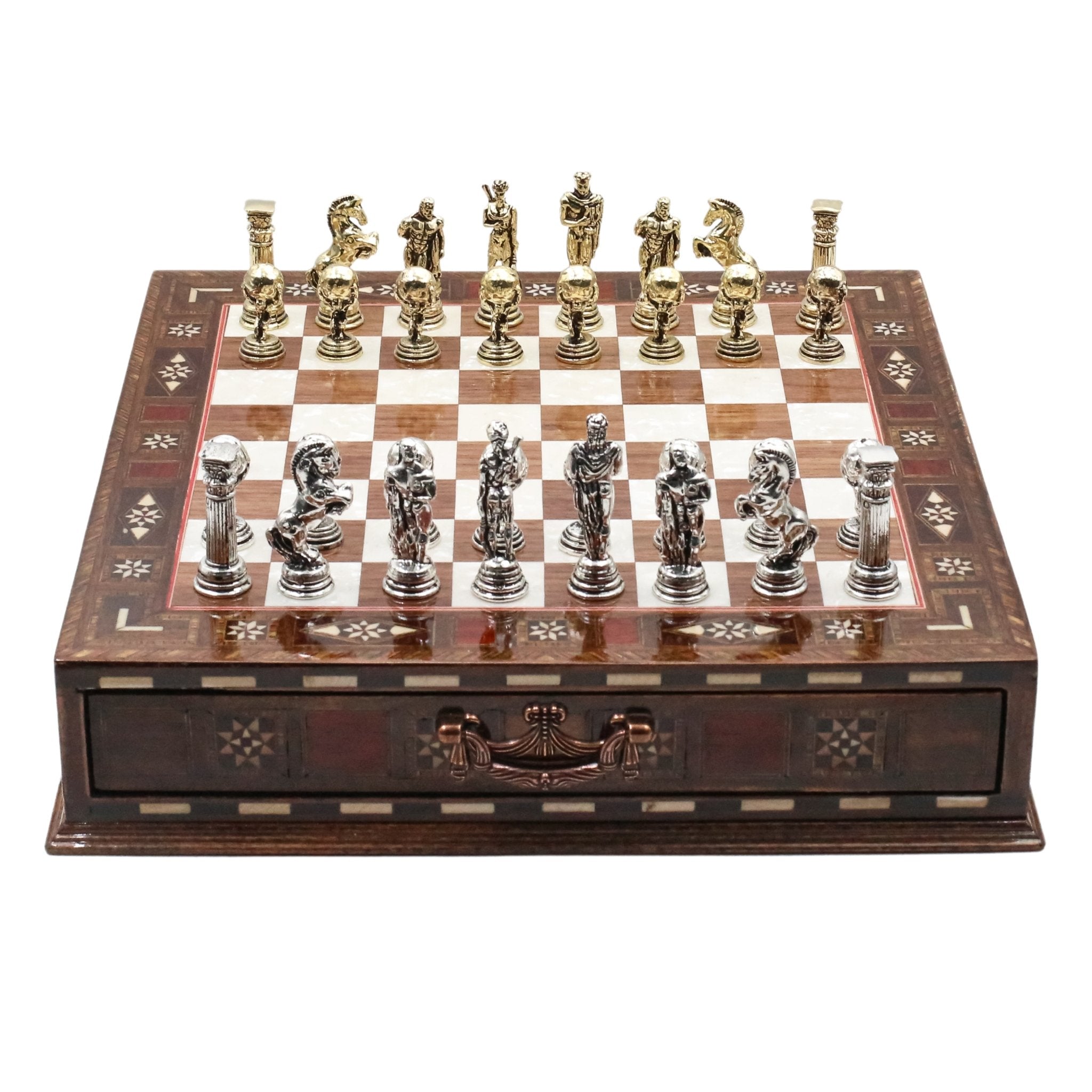 Handmade Inlay Chess Set with Drawer Storage 30 CM (12") - Die Cast Metal Pieces | Greek Mythology Hercules - Cooper Chess