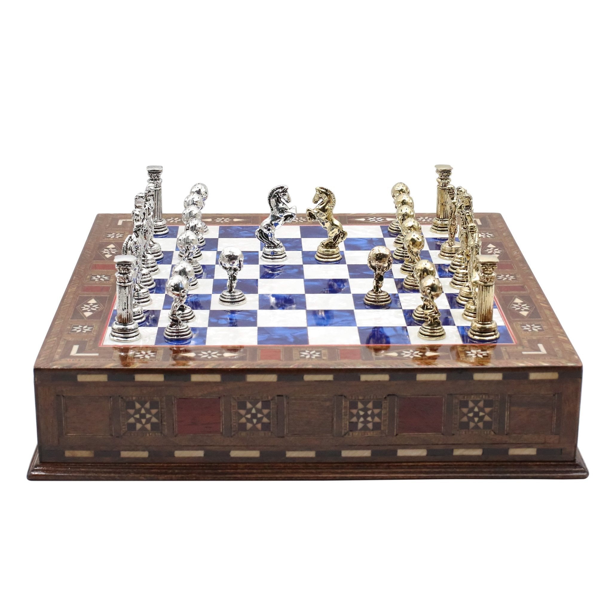 Handmade Inlay Chess Set with Drawer Storage 30 CM (12") - Die Cast Metal Pieces | Greek Mythology Hercules - Cooper Chess