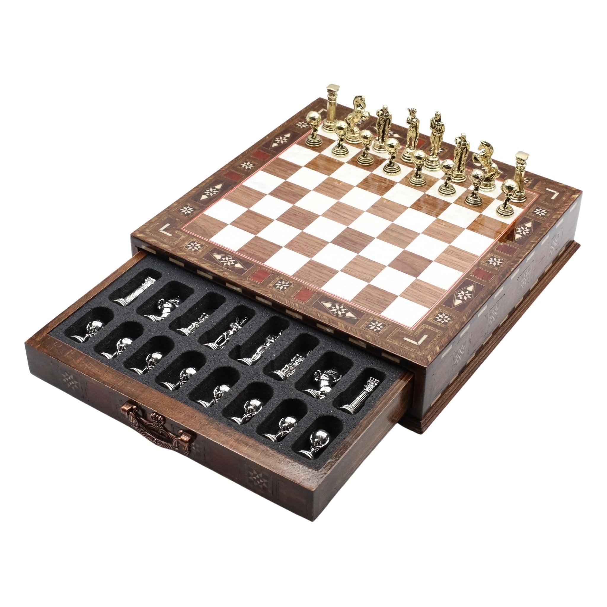 Handmade Inlay Chess Set with Drawer Storage 30 CM (12") - Die Cast Metal Pieces | Greek Mythology Hercules - Cooper Chess
