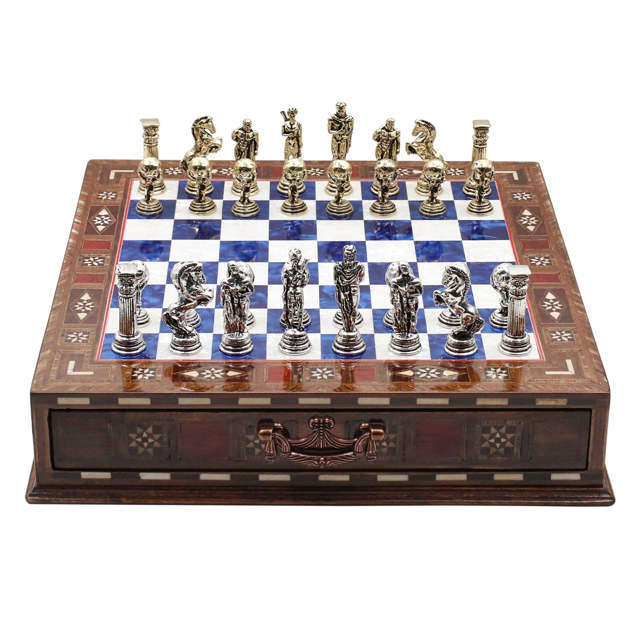 Handmade Inlay Chess Set with Drawer Storage 30 CM (12") - Die Cast Metal Pieces | Greek Mythology Hercules - Cooper Chess