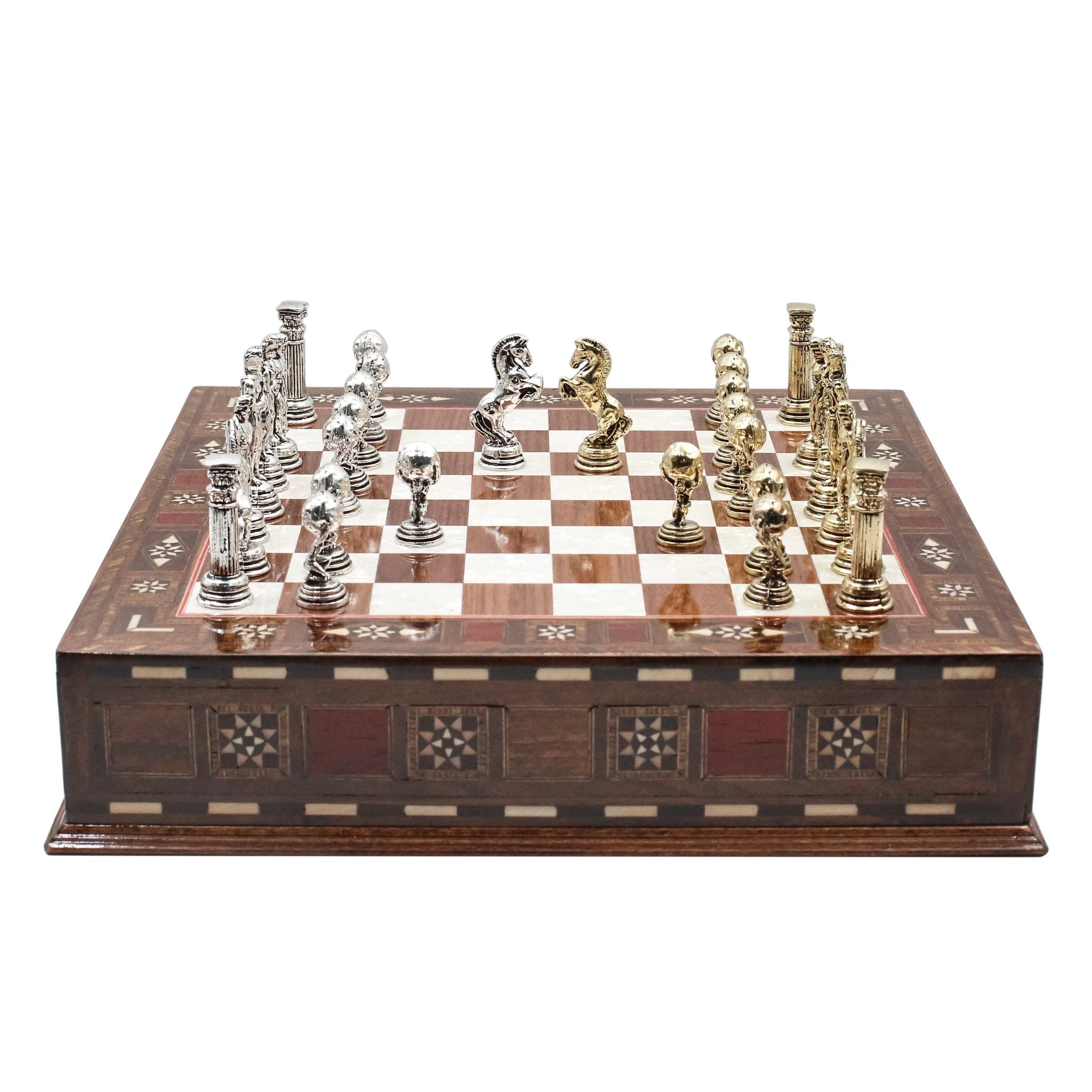 Handmade Inlay Chess Set with Drawer Storage 30 CM (12") - Die Cast Metal Pieces | Greek Mythology Hercules - Cooper Chess
