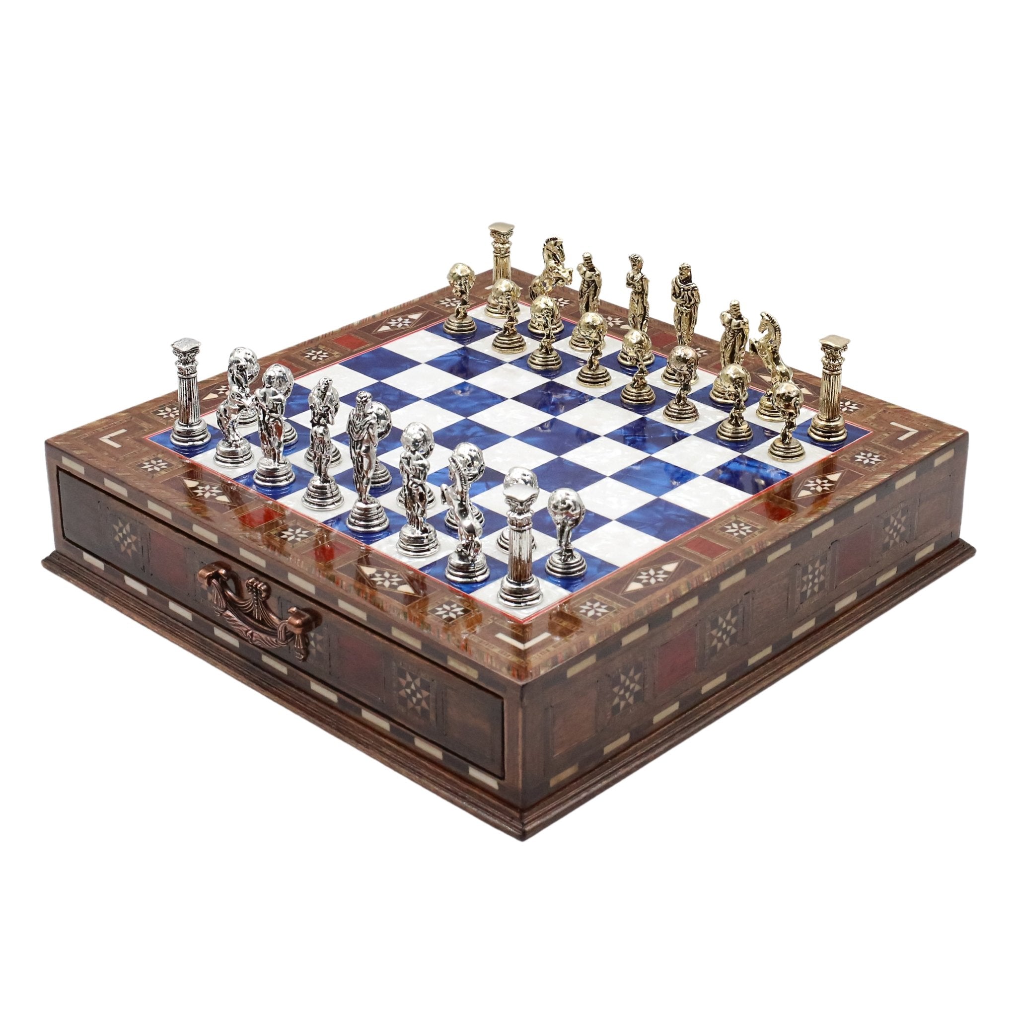 Handmade Inlay Chess Set with Drawer Storage 30 CM (12") - Die Cast Metal Pieces | Greek Mythology Hercules - Cooper Chess
