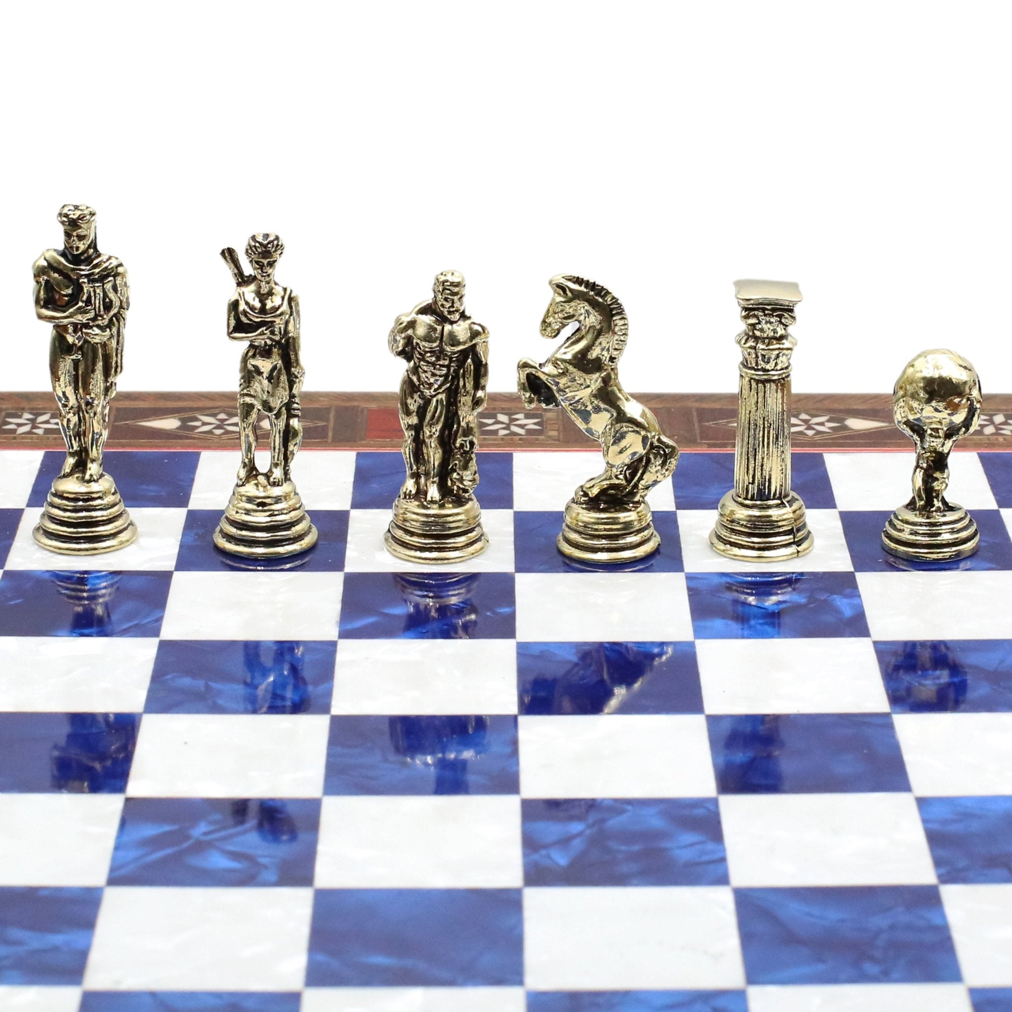Handmade Inlay Chess Set with Drawer Storage 30 CM (12") - Die Cast Metal Pieces | Greek Mythology Hercules - Cooper Chess