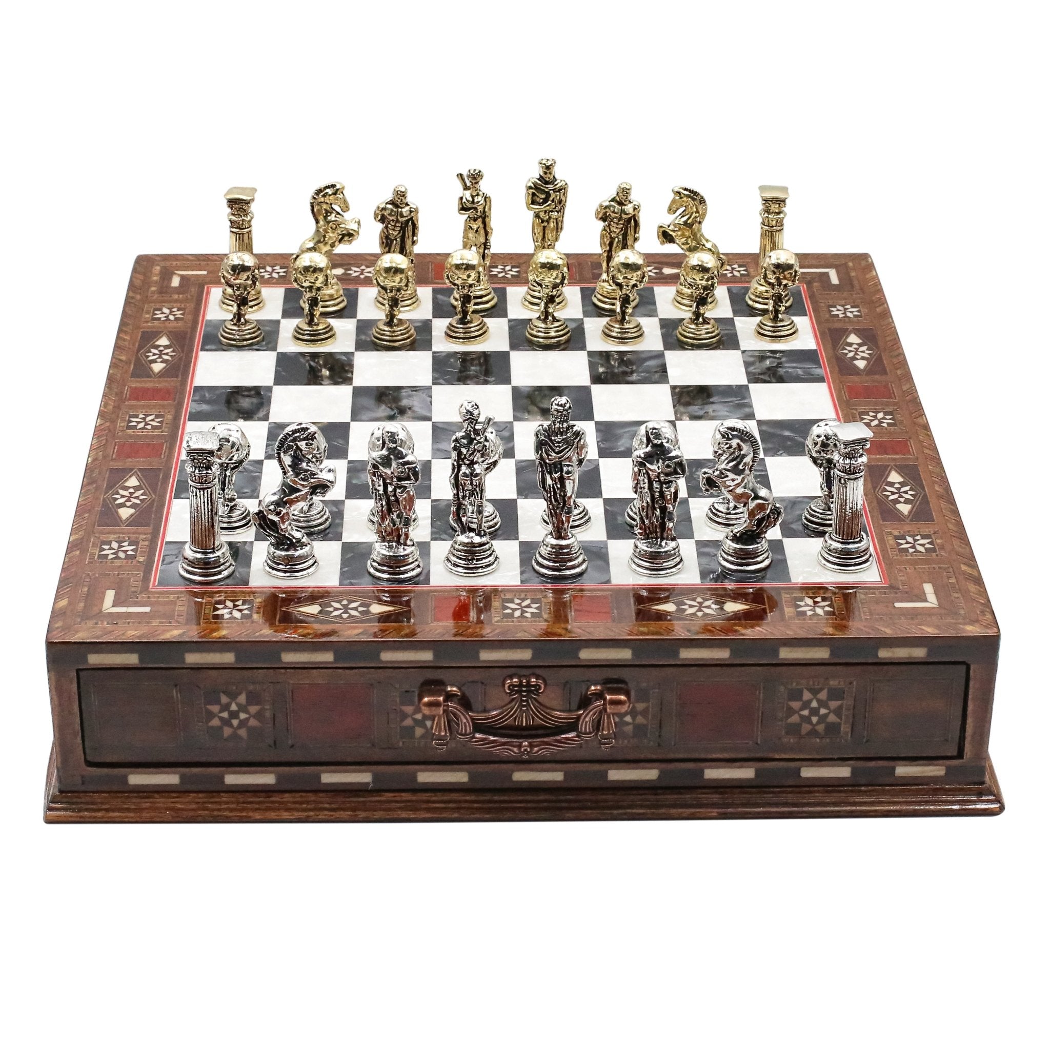 Handmade Inlay Chess Set with Drawer Storage 30 CM (12") - Die Cast Metal Pieces | Greek Mythology Hercules - Cooper Chess