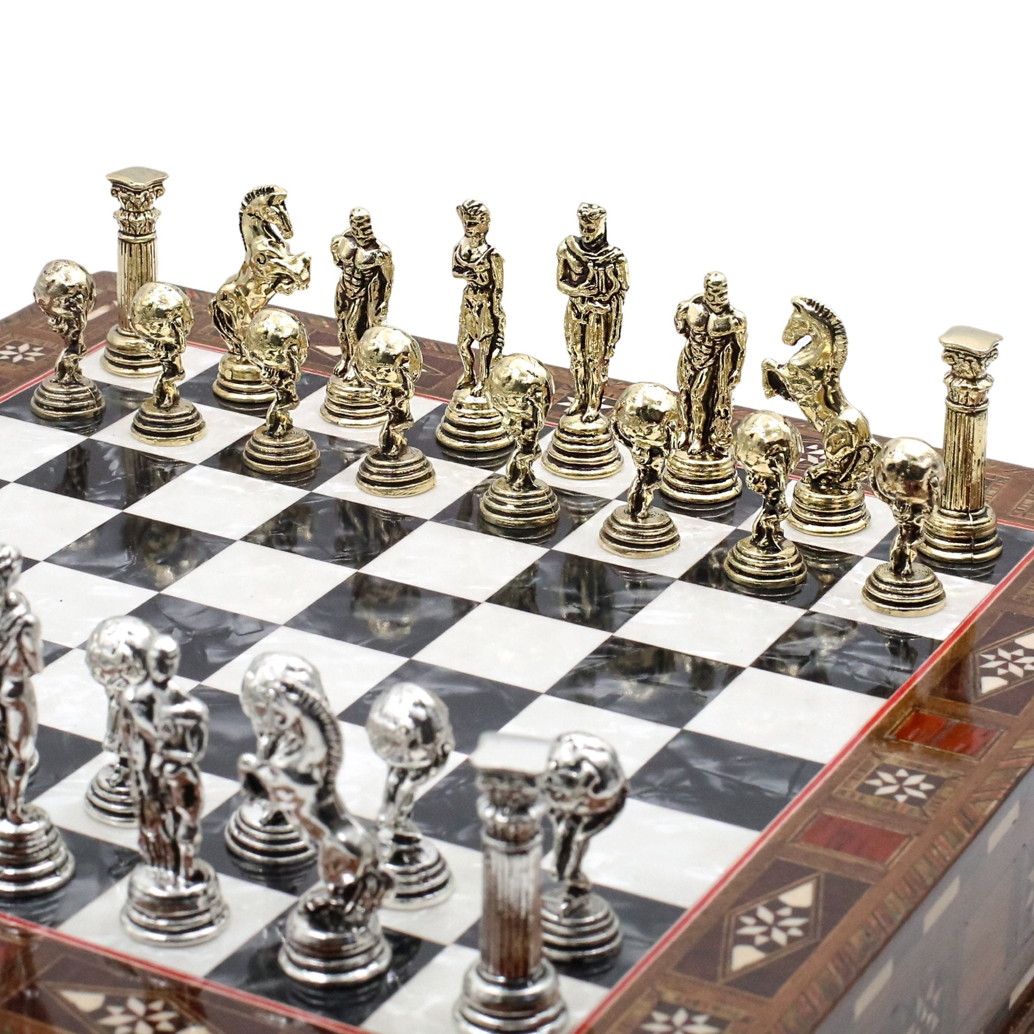 Handmade Inlay Chess Set with Drawer Storage 30 CM (12") - Die Cast Metal Pieces | Greek Mythology Hercules - Cooper Chess