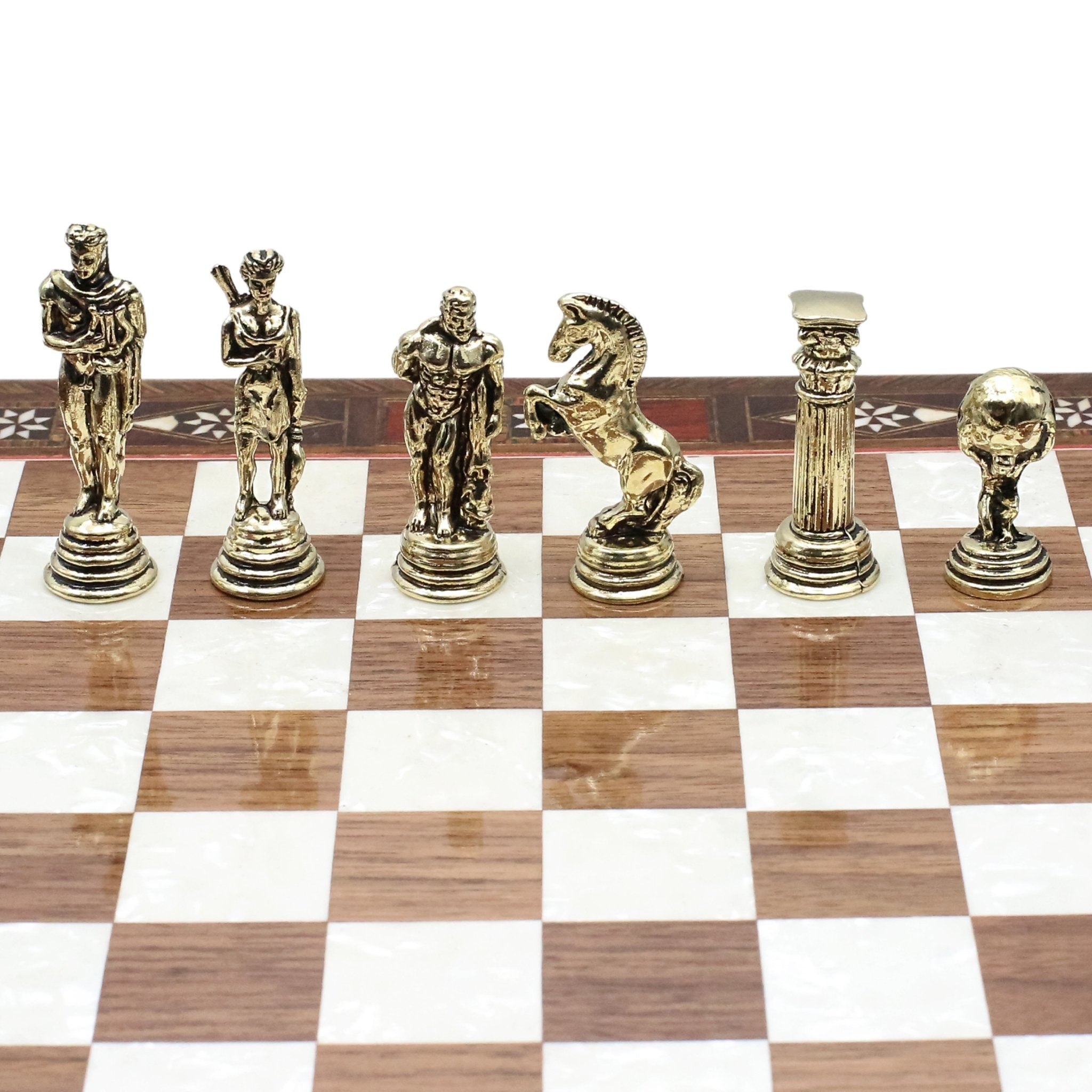 Handmade Inlay Chess Set with Drawer Storage 30 CM (12") - Die Cast Metal Pieces | Greek Mythology Hercules - Cooper Chess
