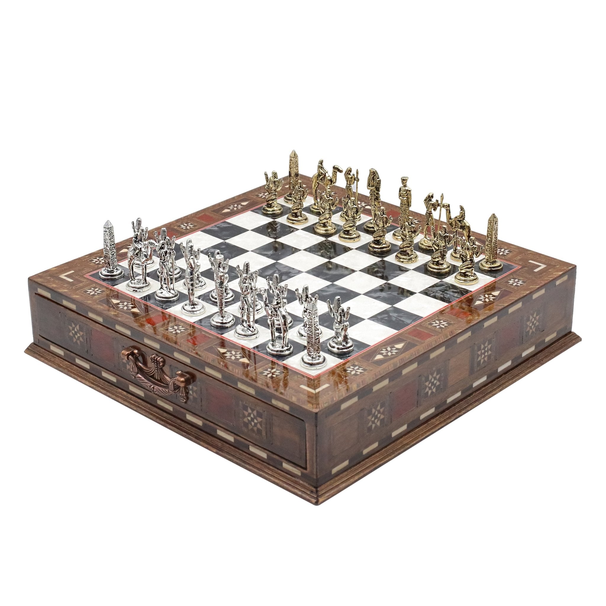 Handmade Inlay Chess Set with Drawer Storage 30 CM (12") - Die Cast Metal Pieces | Egyptian Cleopatra - Cooper Chess