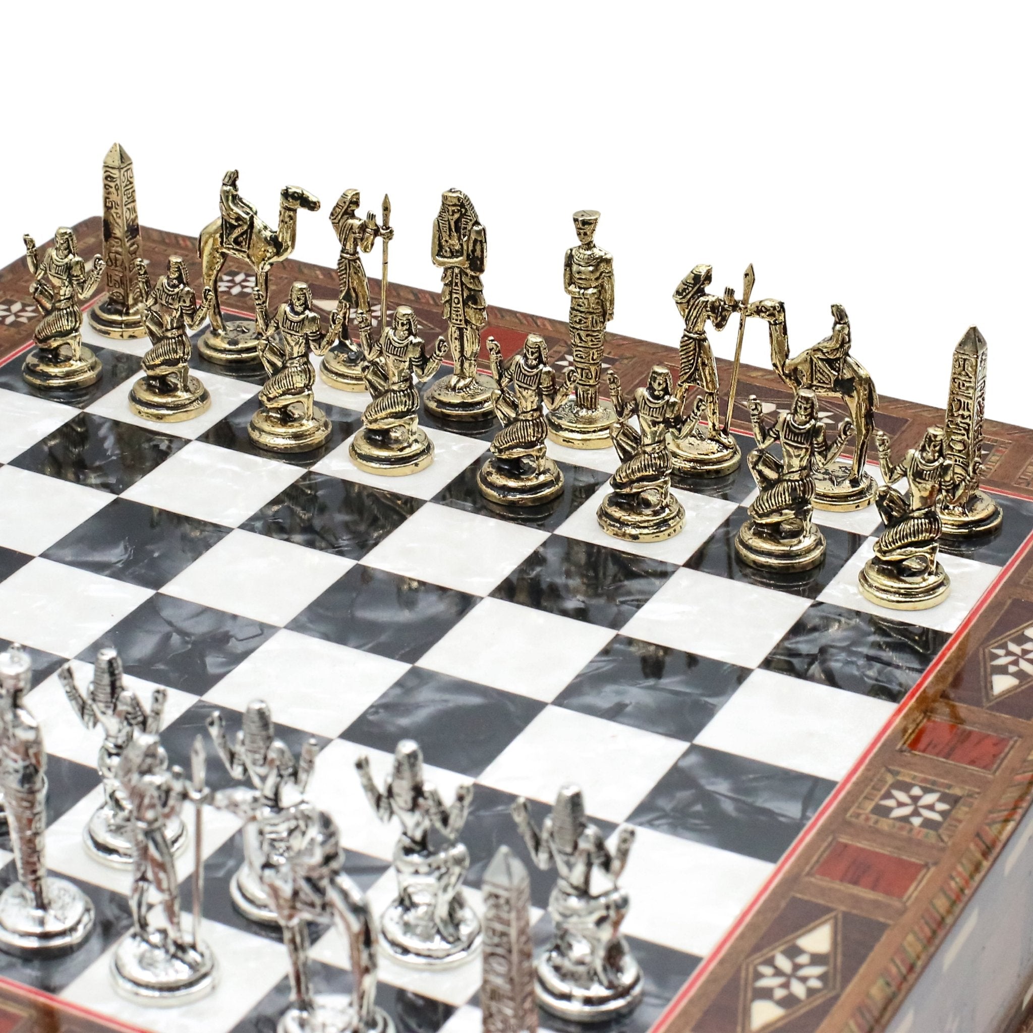 Handmade Inlay Chess Set with Drawer Storage 30 CM (12") - Die Cast Metal Pieces | Egyptian Cleopatra - Cooper Chess