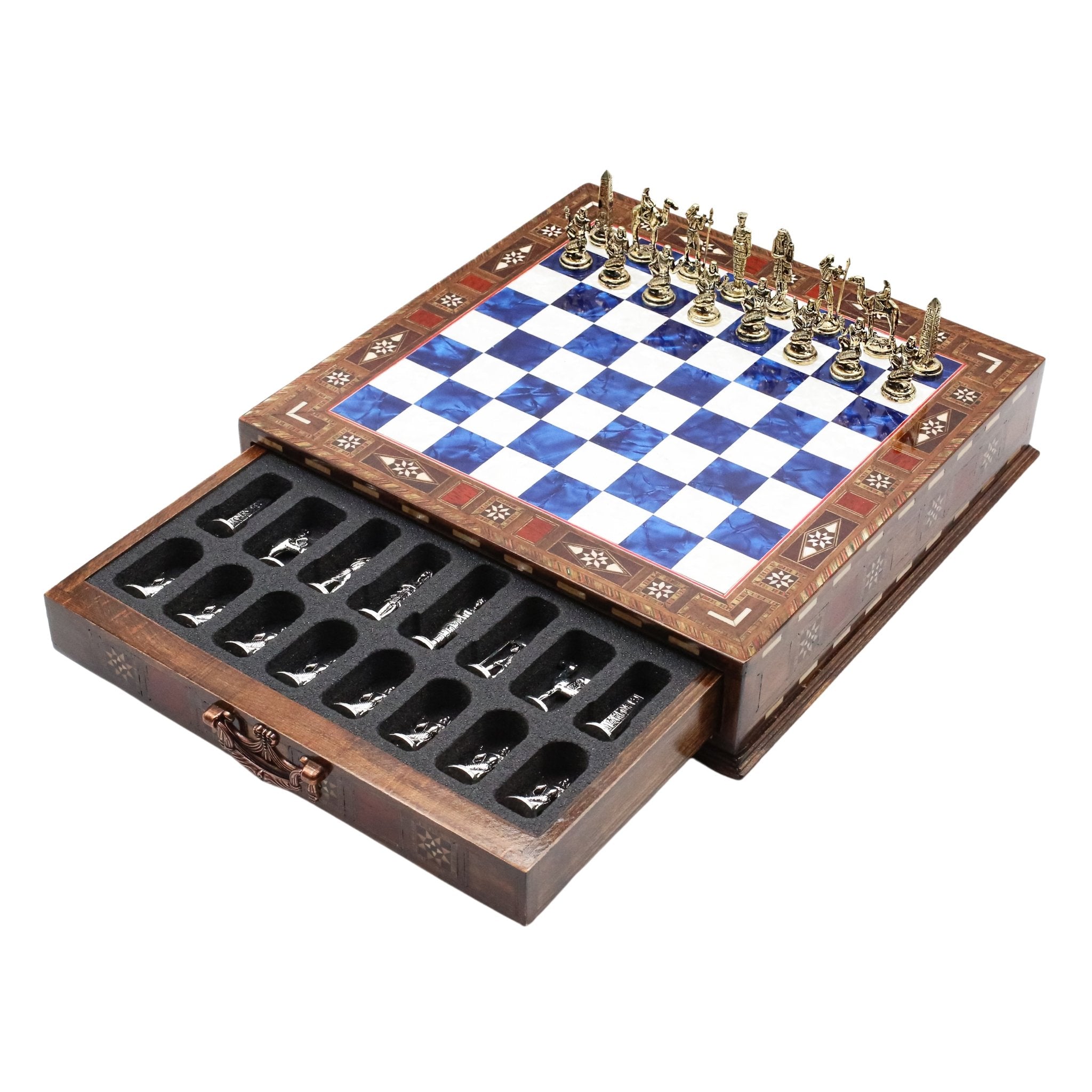 Handmade Inlay Chess Set with Drawer Storage 30 CM (12") - Die Cast Metal Pieces | Egyptian Cleopatra - Cooper Chess