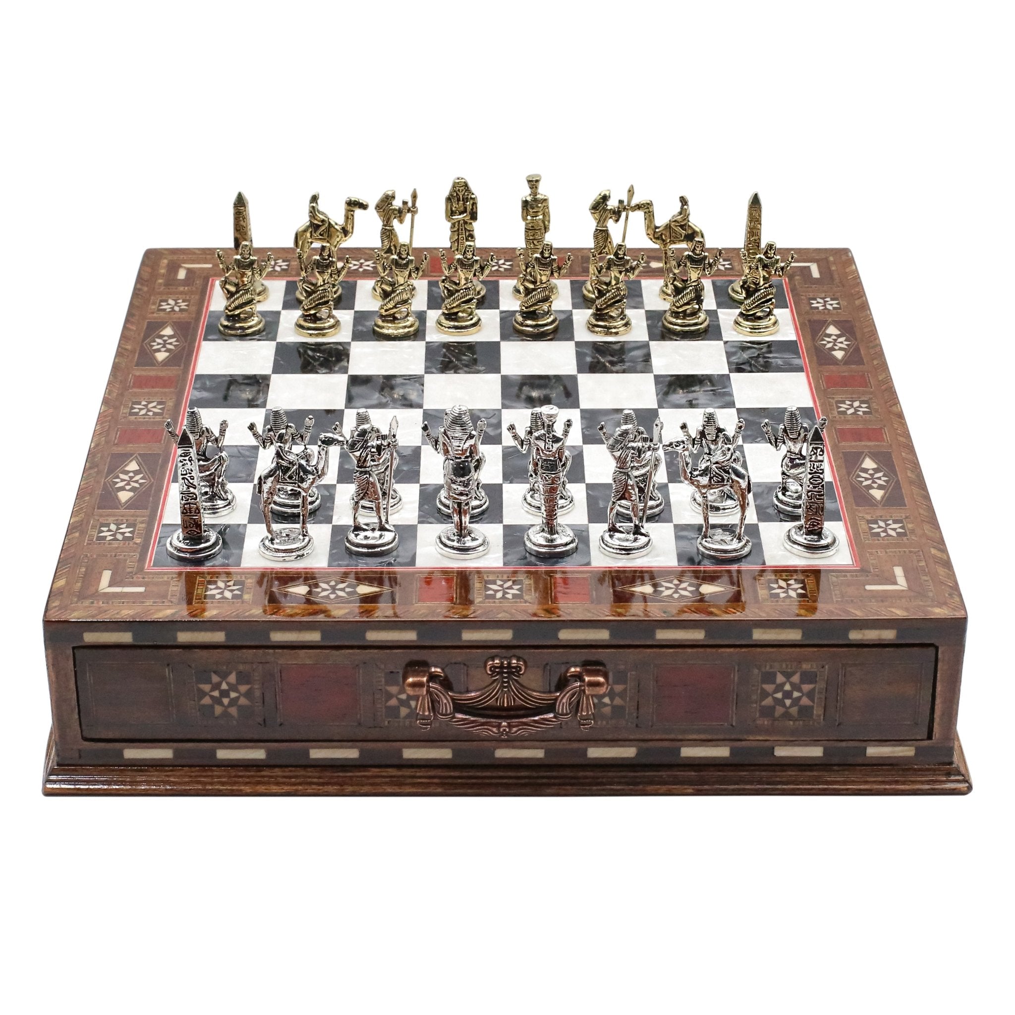 Handmade Inlay Chess Set with Drawer Storage 30 CM (12") - Die Cast Metal Pieces | Egyptian Cleopatra - Cooper Chess