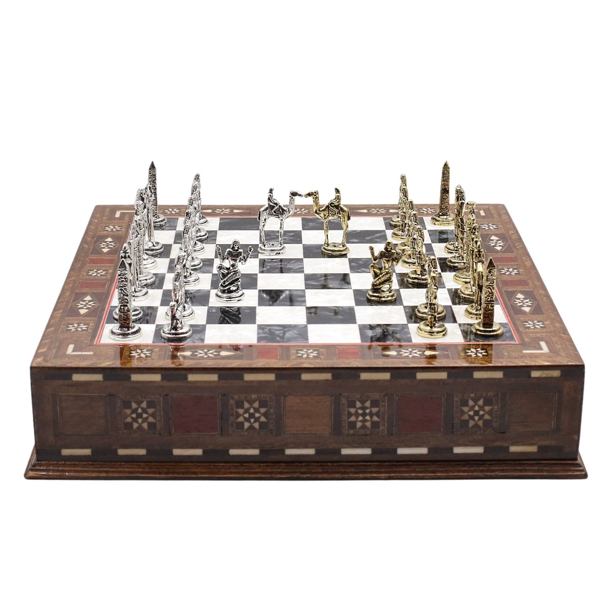Handmade Inlay Chess Set with Drawer Storage 30 CM (12") - Die Cast Metal Pieces | Egyptian Cleopatra - Cooper Chess