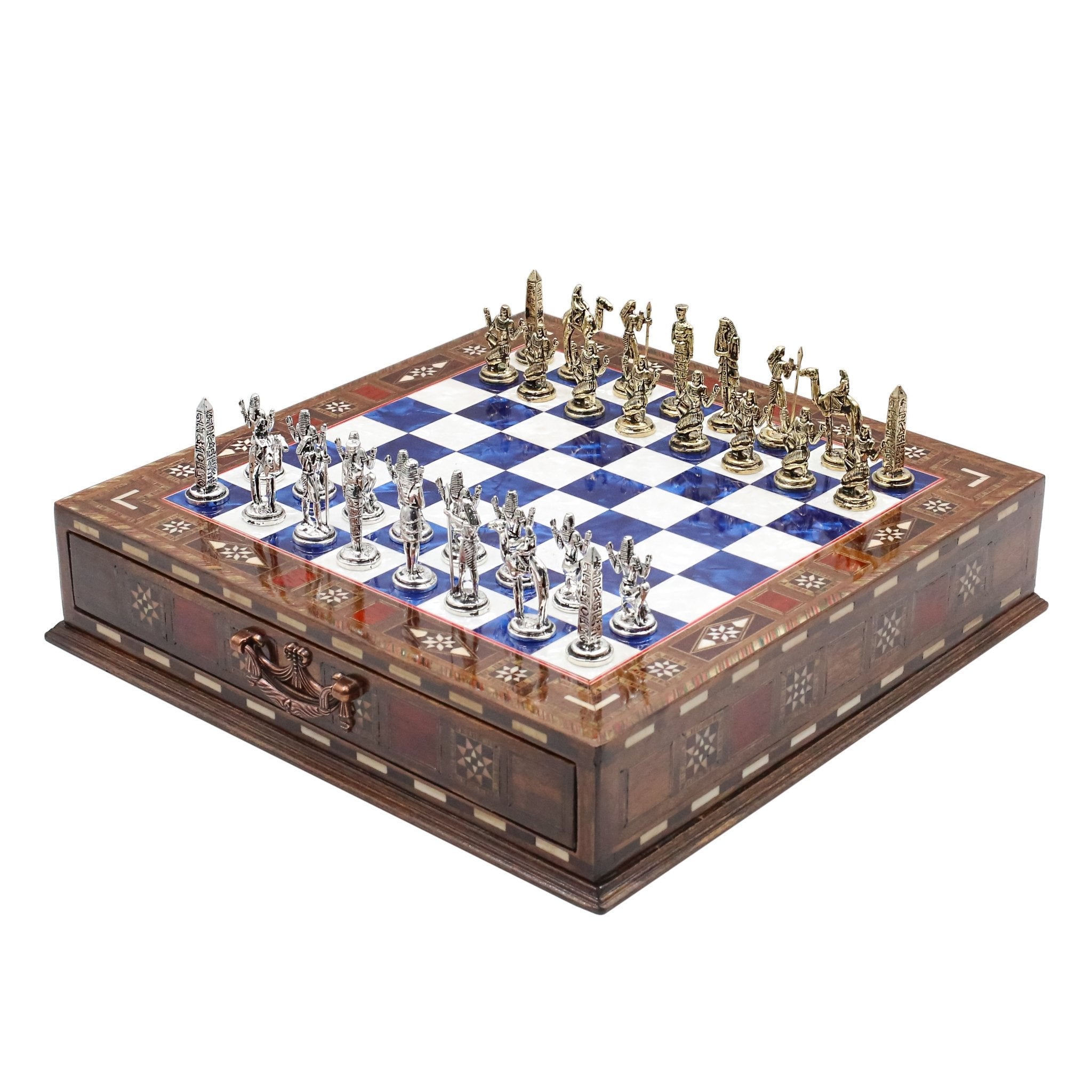 Handmade Inlay Chess Set with Drawer Storage 30 CM (12") - Die Cast Metal Pieces | Egyptian Cleopatra - Cooper Chess
