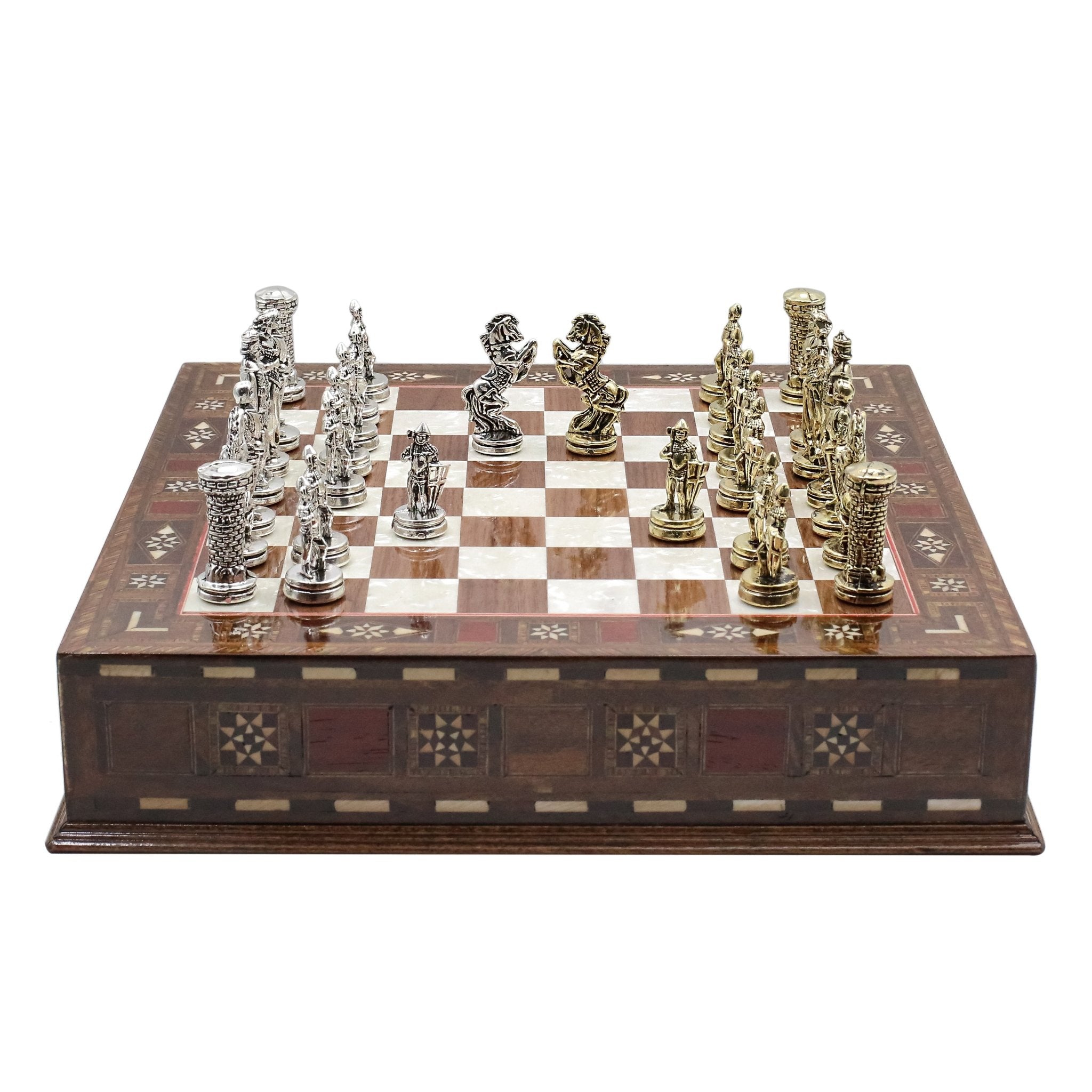 Handmade Inlay Chess Set with Drawer Storage 30 CM (12") - Die Cast Metal Pieces | Medieval British Army - Cooper Chess