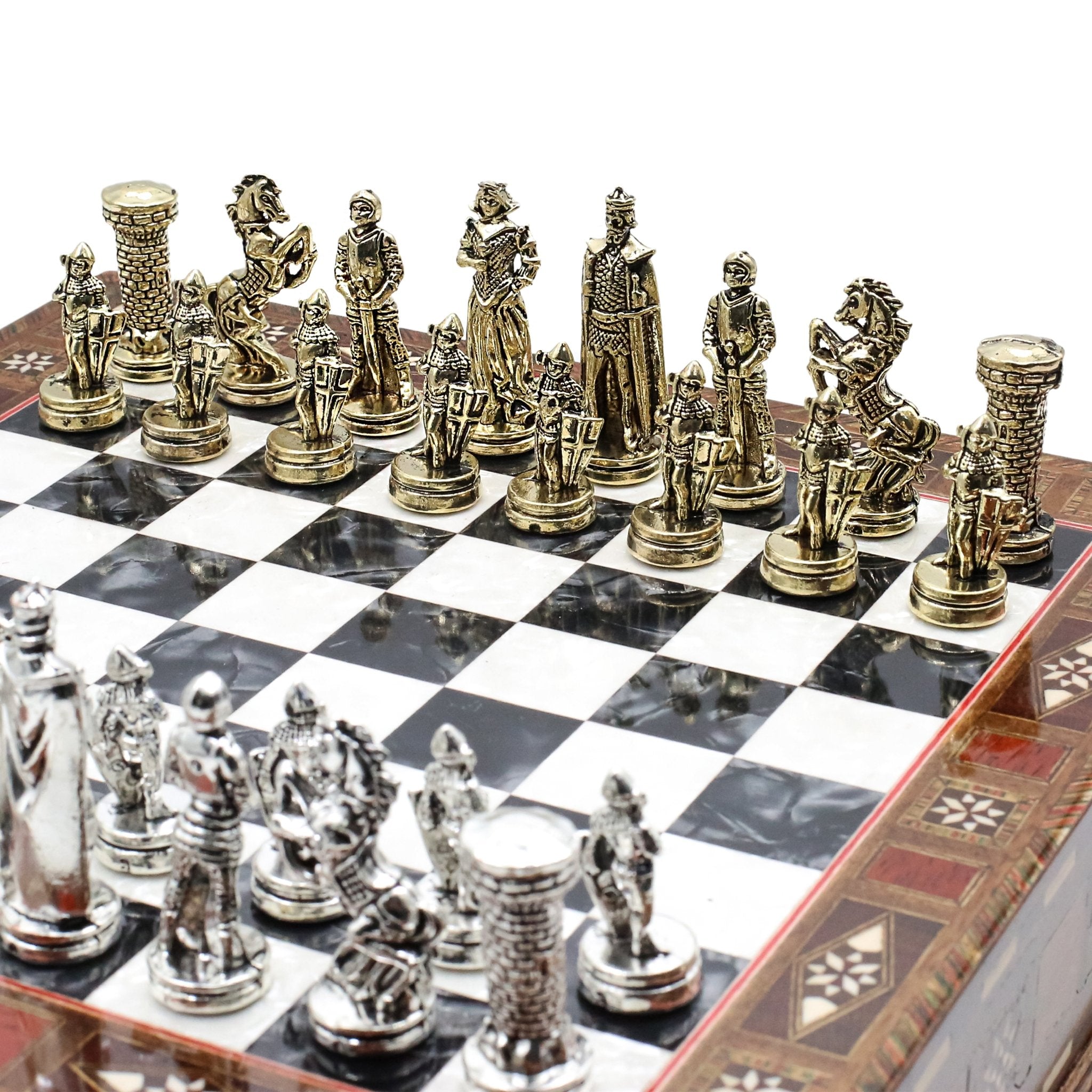 Handmade Inlay Chess Set with Drawer Storage 30 CM (12") - Die Cast Metal Pieces | Medieval British Army - Cooper Chess