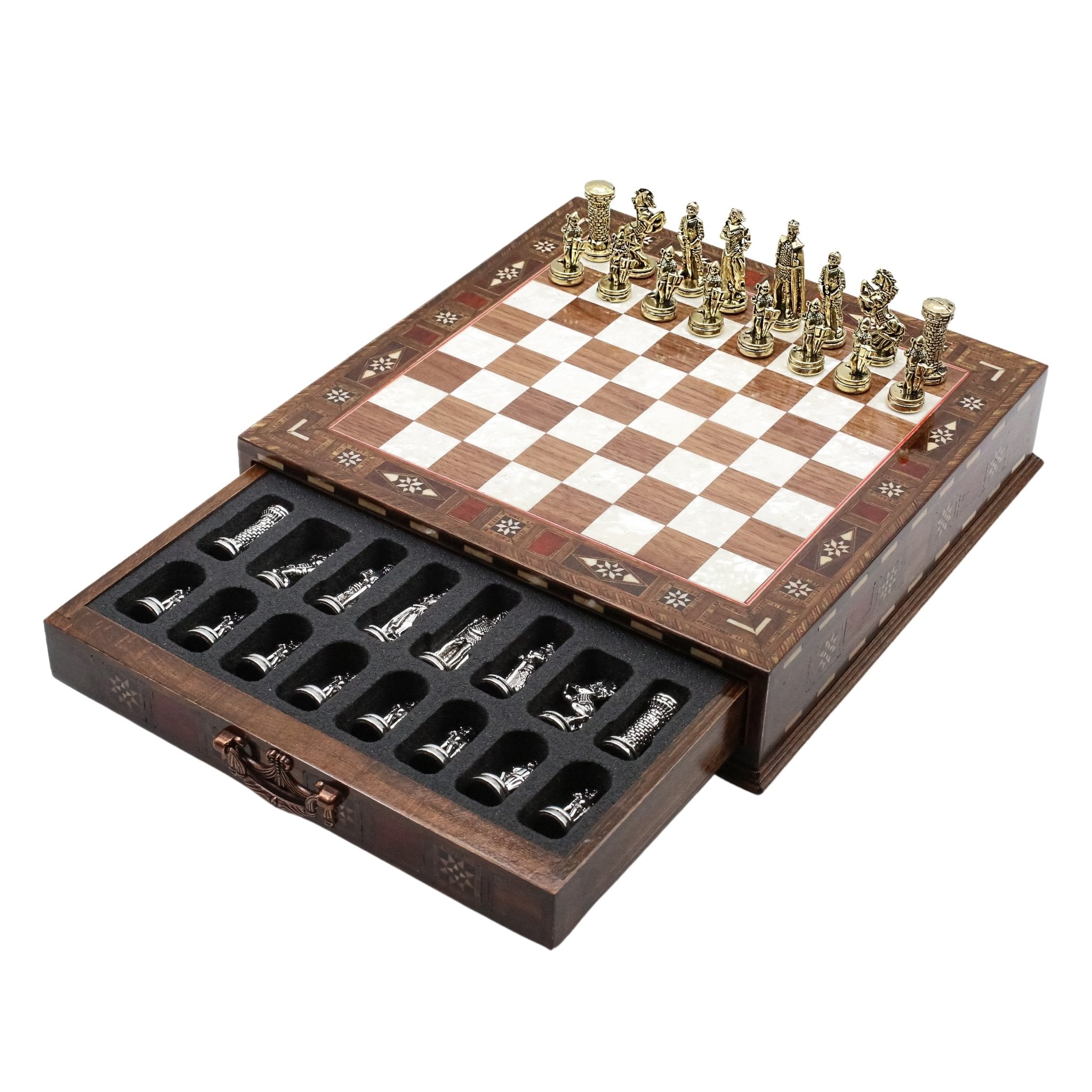 Handmade Inlay Chess Set with Drawer Storage 30 CM (12") - Die Cast Metal Pieces | Medieval British Army - Cooper Chess