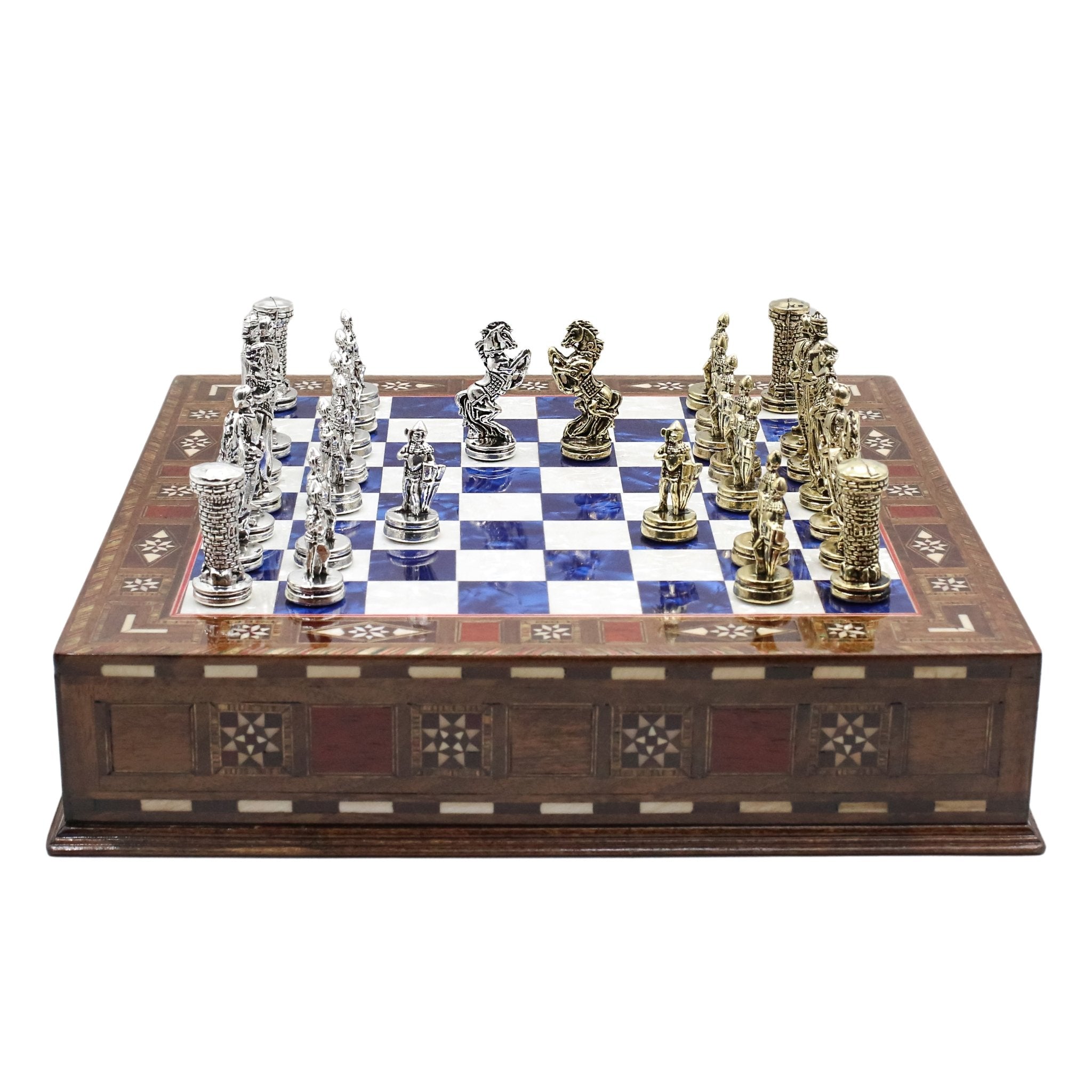 Handmade Inlay Chess Set with Drawer Storage 30 CM (12") - Die Cast Metal Pieces | Medieval British Army - Cooper Chess