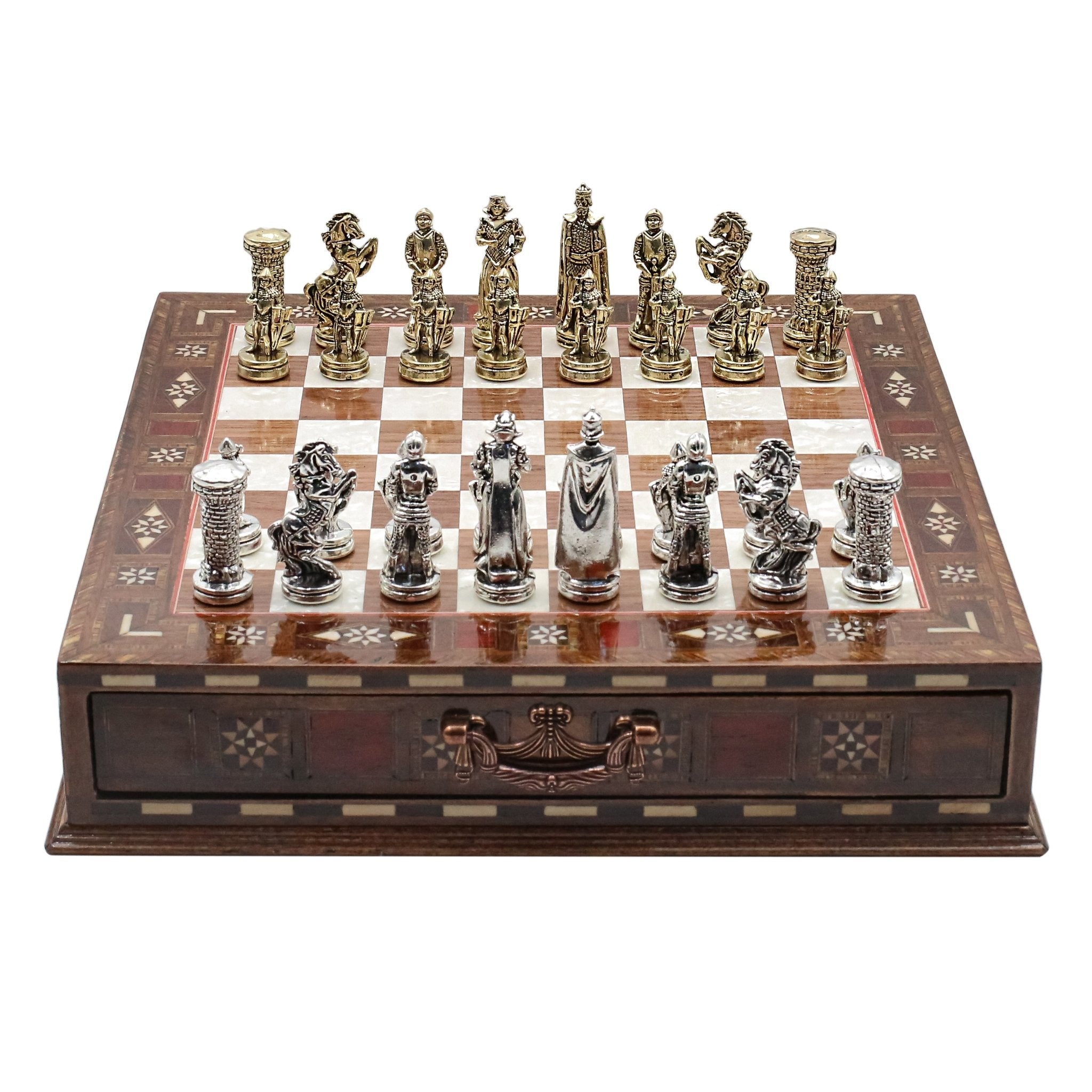 Handmade Inlay Chess Set with Drawer Storage 30 CM (12") - Die Cast Metal Pieces | Medieval British Army - Cooper Chess