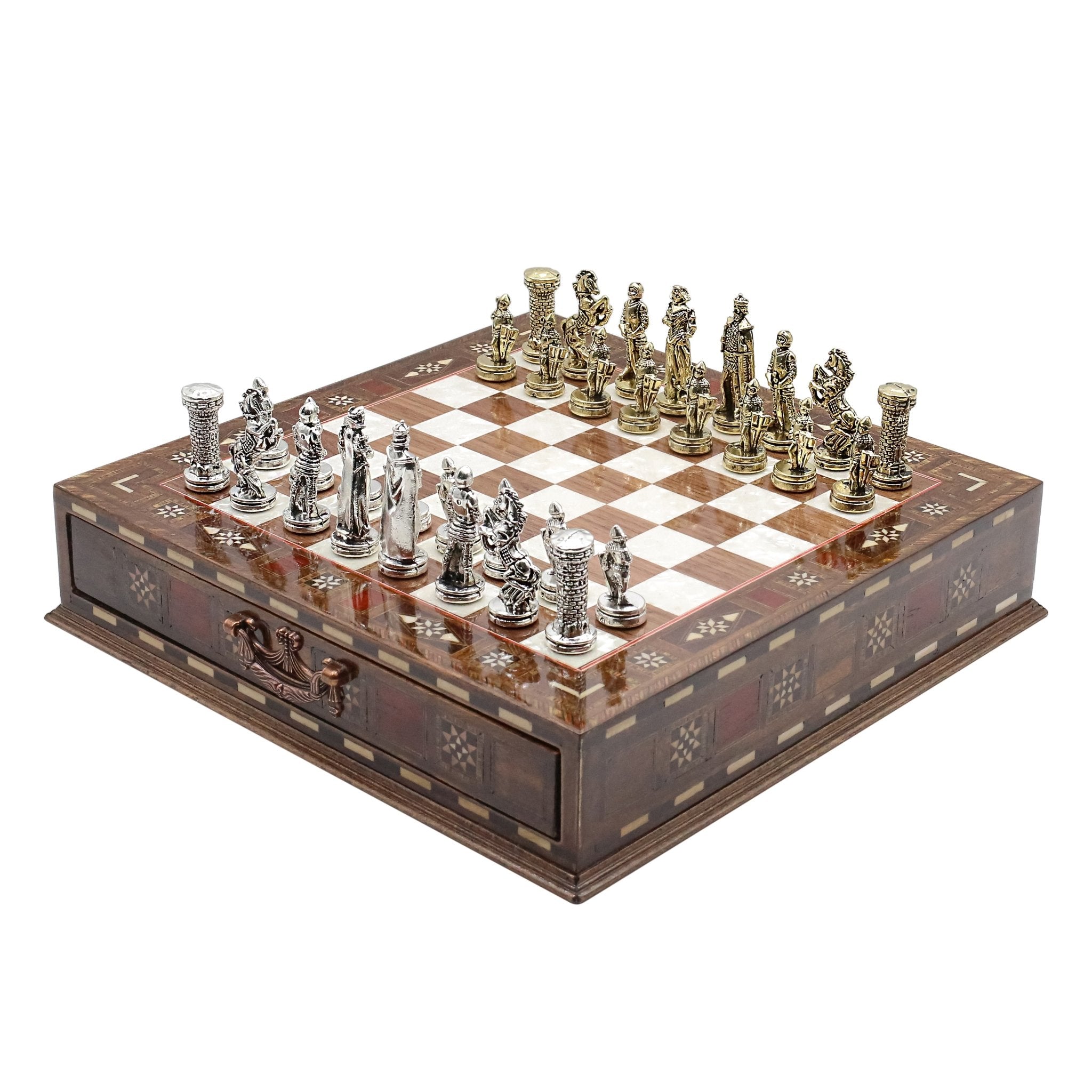 Handmade Inlay Chess Set with Drawer Storage 30 CM (12") - Die Cast Metal Pieces | Medieval British Army - Cooper Chess