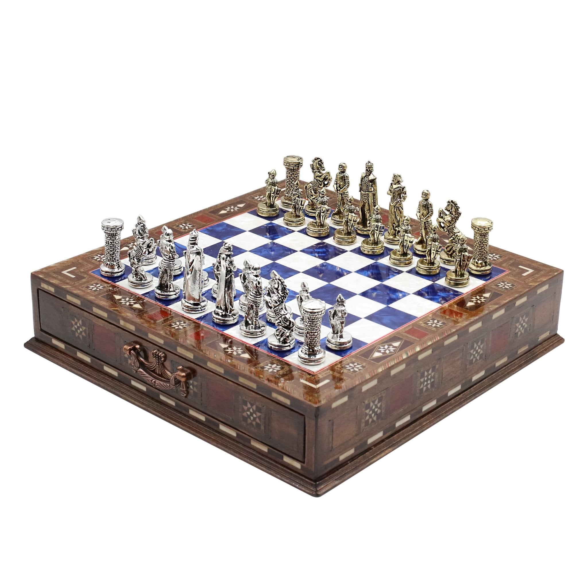 Handmade Inlay Chess Set with Drawer Storage 30 CM (12") - Die Cast Metal Pieces | Medieval British Army - Cooper Chess