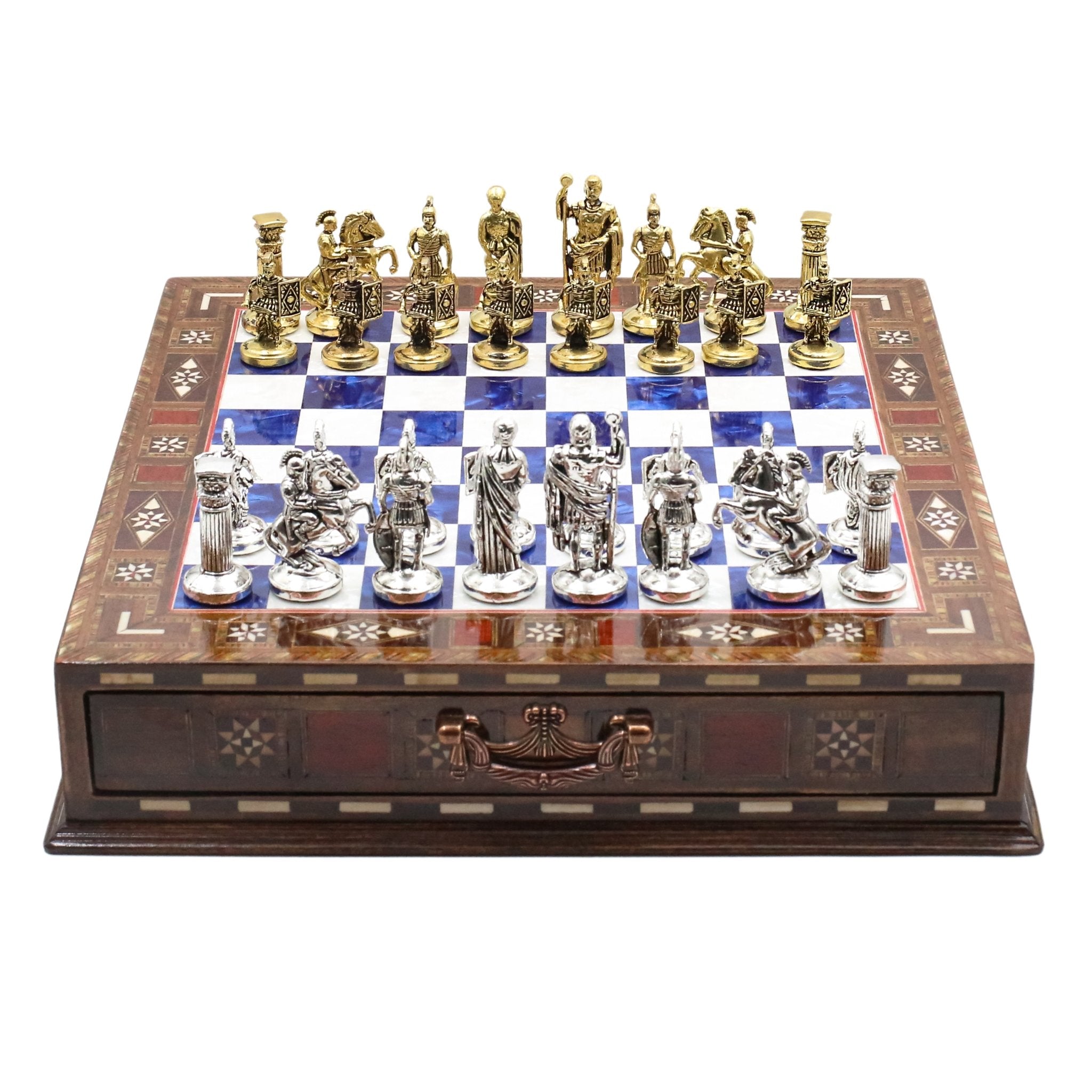 Handmade Inlay Chess Set with Drawer Storage 30 CM (12") - Die Cast Metal Pieces | Roman Empire - Cooper Chess