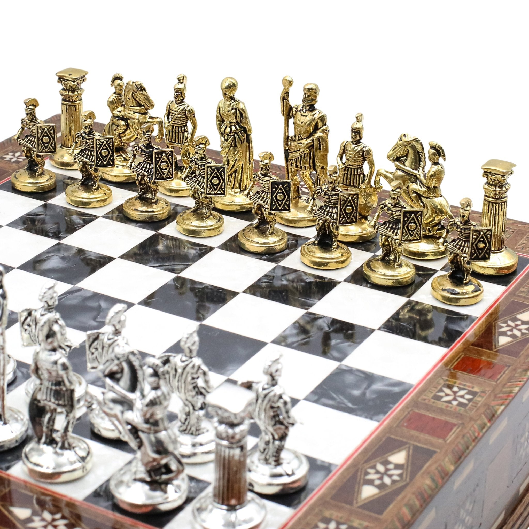 Handmade Inlay Chess Set with Drawer Storage 30 CM (12") - Die Cast Metal Pieces | Roman Empire - Cooper Chess