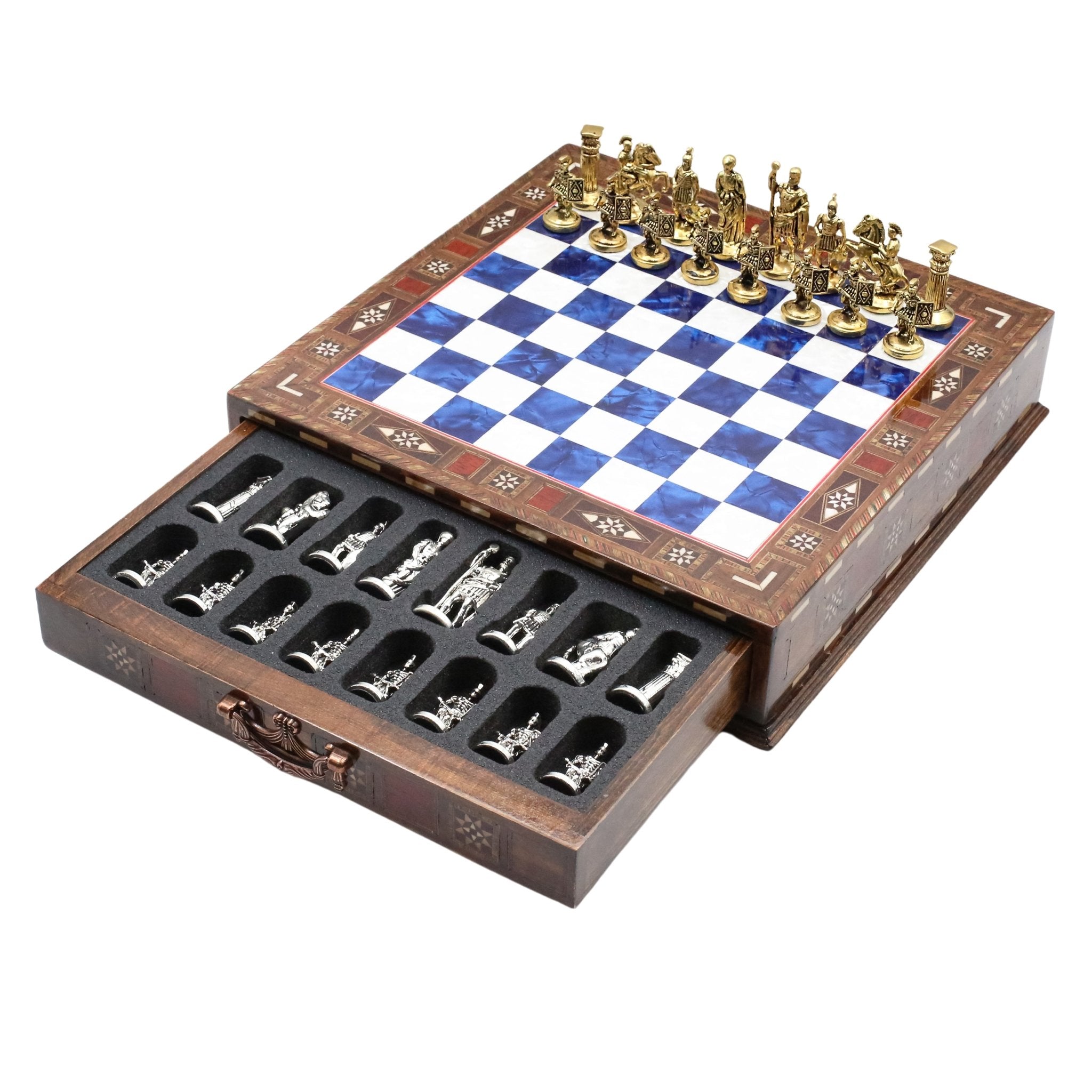 Handmade Inlay Chess Set with Drawer Storage 30 CM (12") - Die Cast Metal Pieces | Roman Empire - Cooper Chess