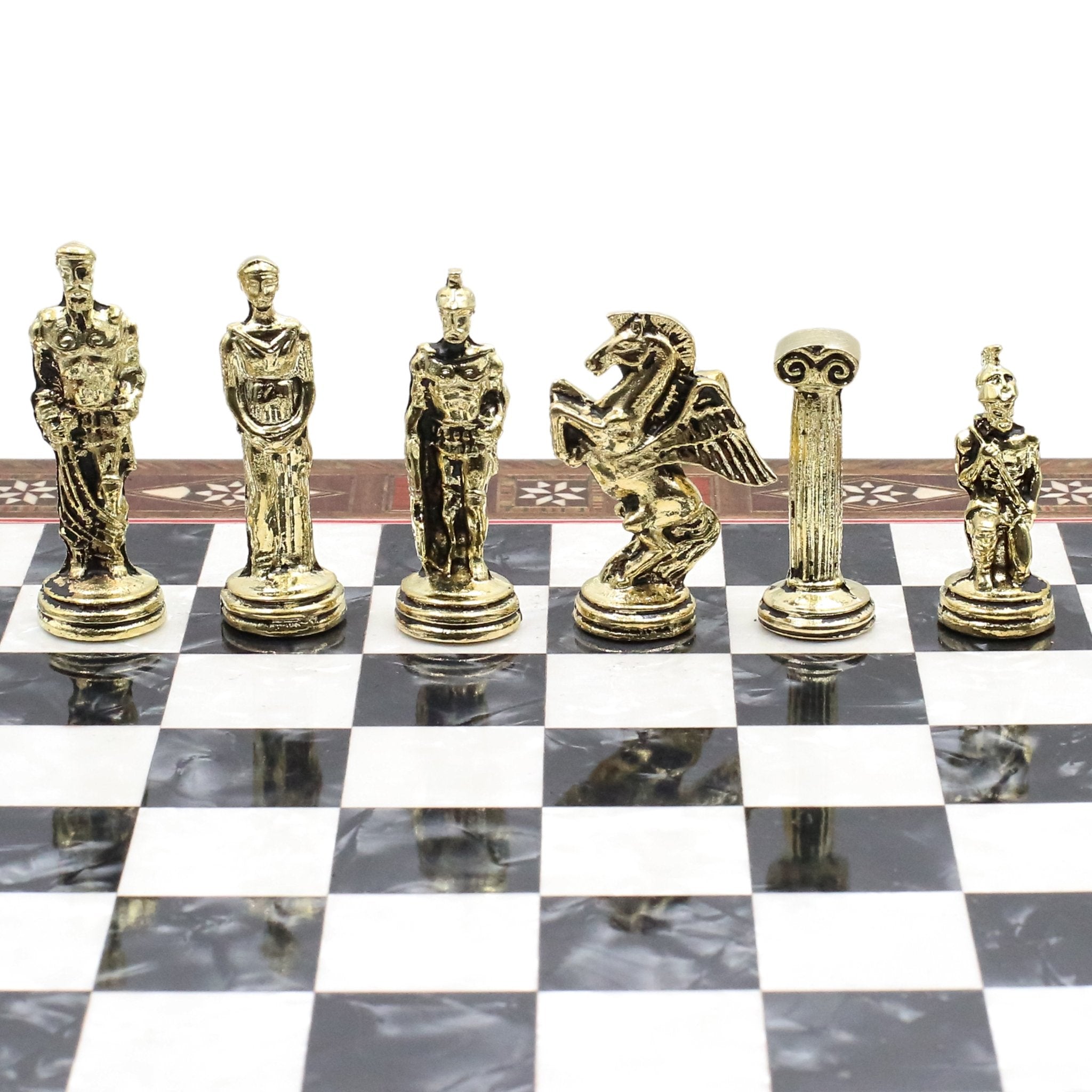 Handmade Inlay Chess Set with Drawer Storage 30 CM (12") - Die Cast Metal Pieces | Greek Mythology Pegasus - Cooper Chess