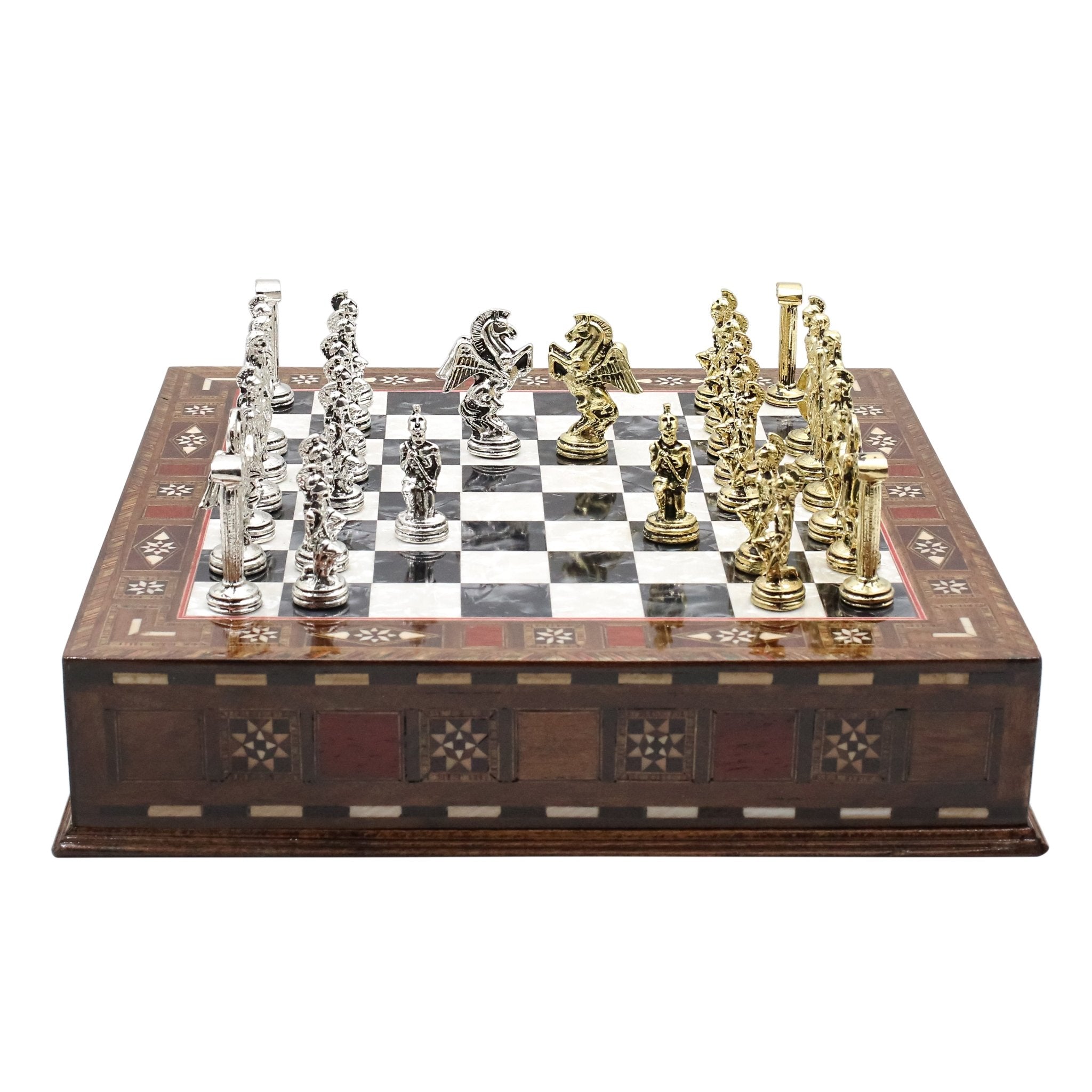 Handmade Inlay Chess Set with Drawer Storage 30 CM (12") - Die Cast Metal Pieces | Greek Mythology Pegasus - Cooper Chess